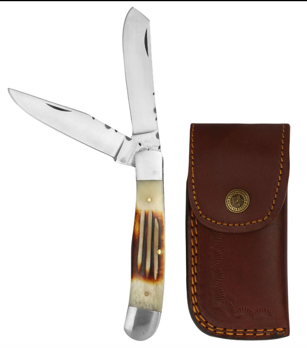 Premium 7.5” 2-Blade Trapper Knife with Burn Bone Handle and Leather Sheath 701