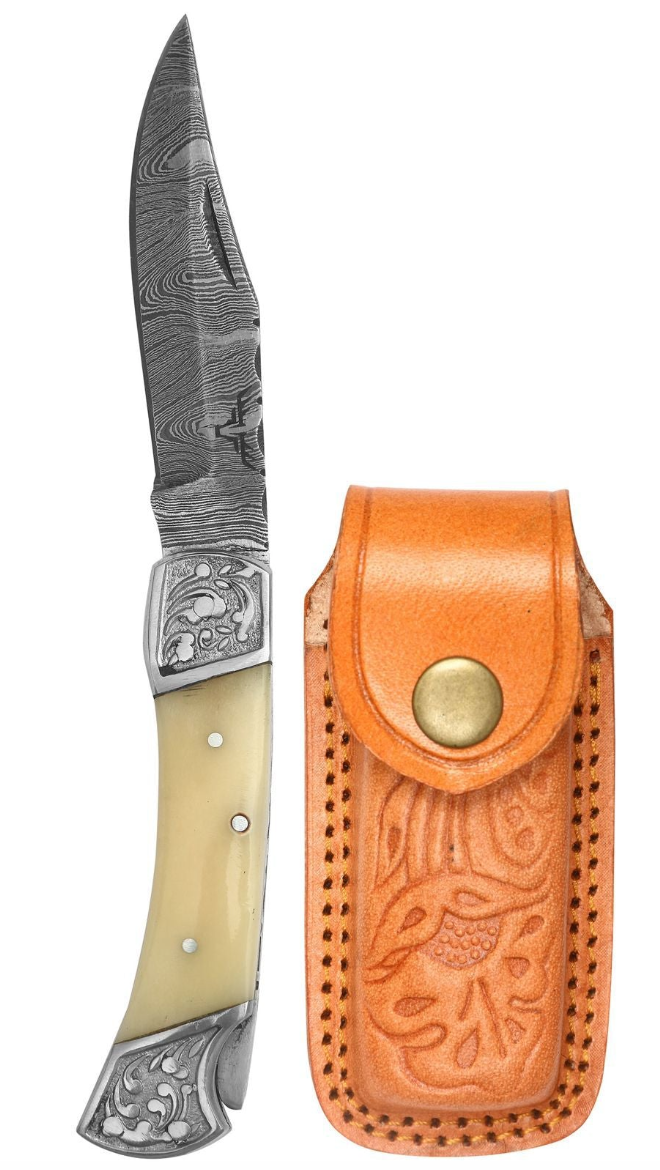 Exquisite Folding Pocket Knife with Flower Steel Bolster | Bone Handle and 3.5" Damascus Blade 702