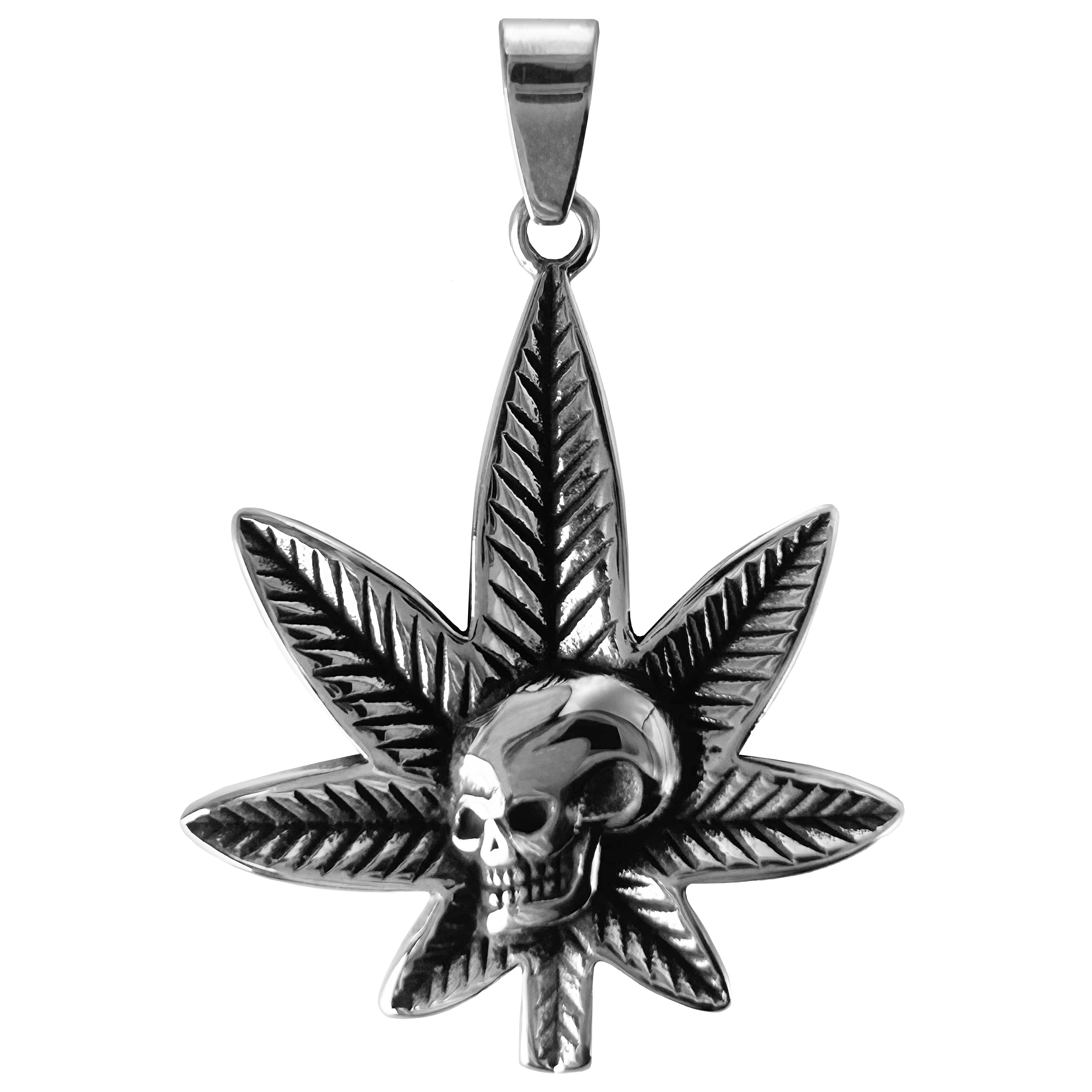 Stainless Steel Skull on Pot Leaf Pendant 703