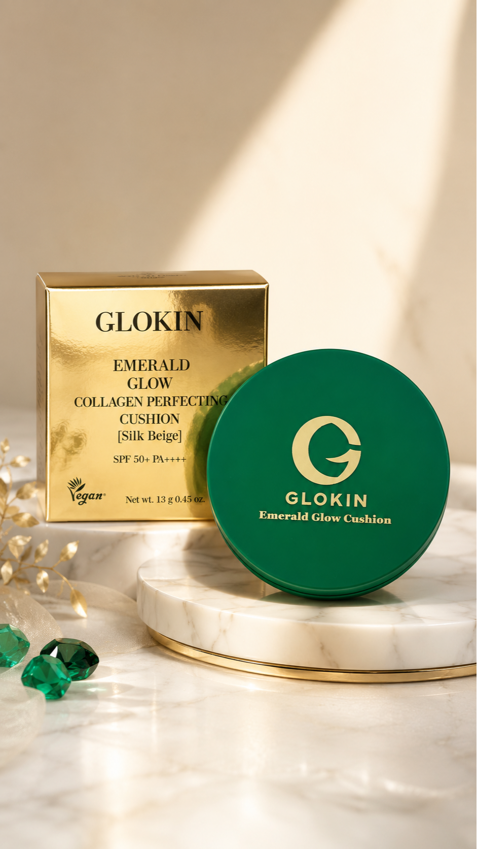GLOKIN Emerald Glow Collagen Perfecting Cushion 13g (Silk Beige) 2648
