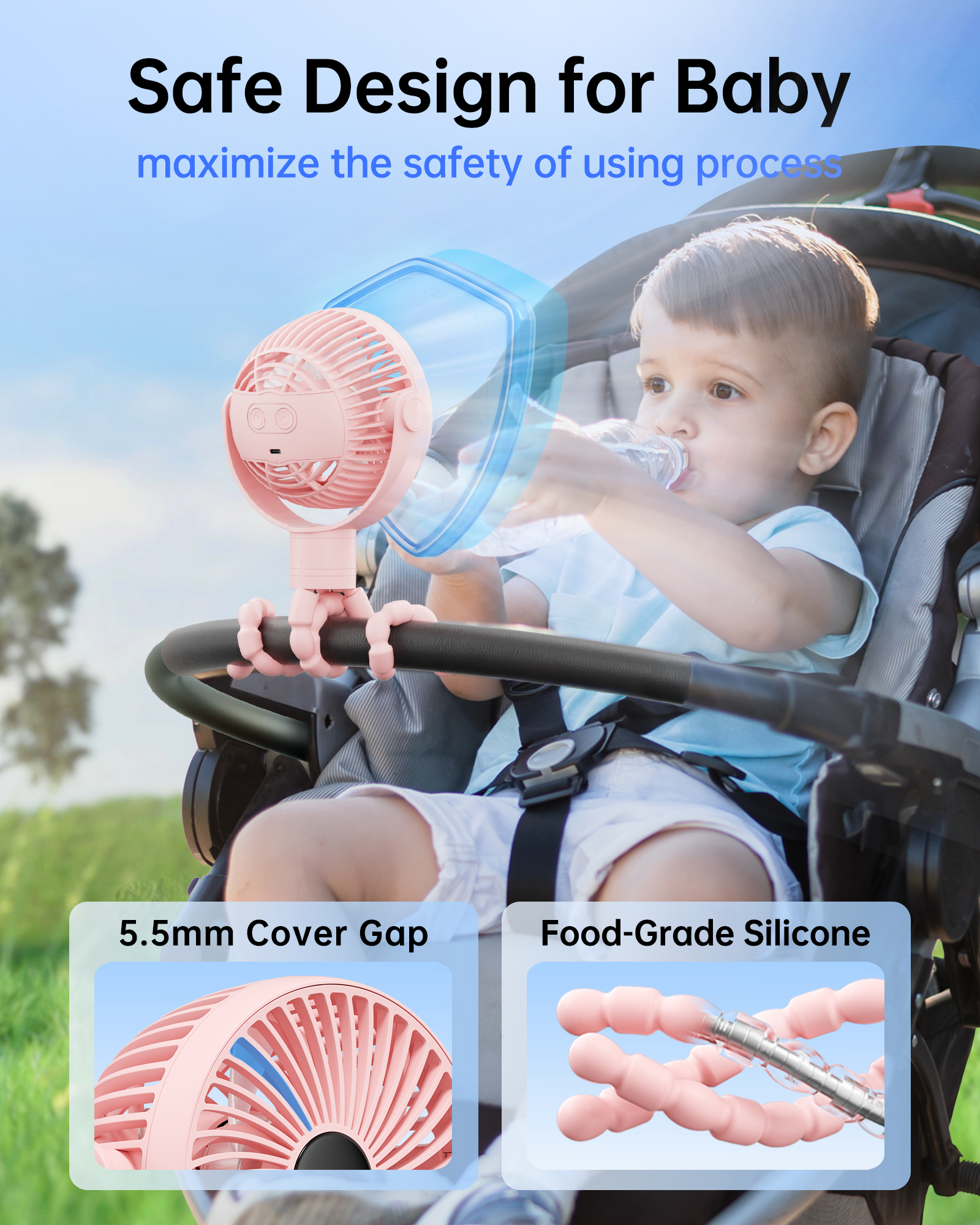 TriPole Portable Stroller Fan With Display, 25H Long-lasting 651