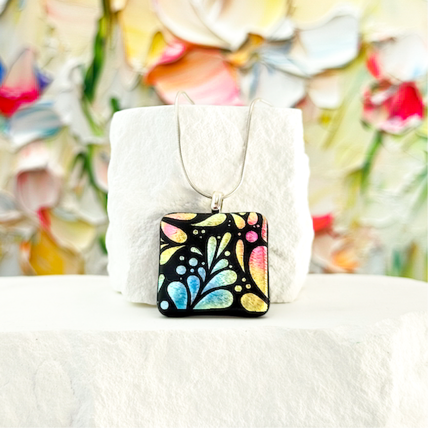 Fan Flowers Dichroic Fused Glass Necklace 162