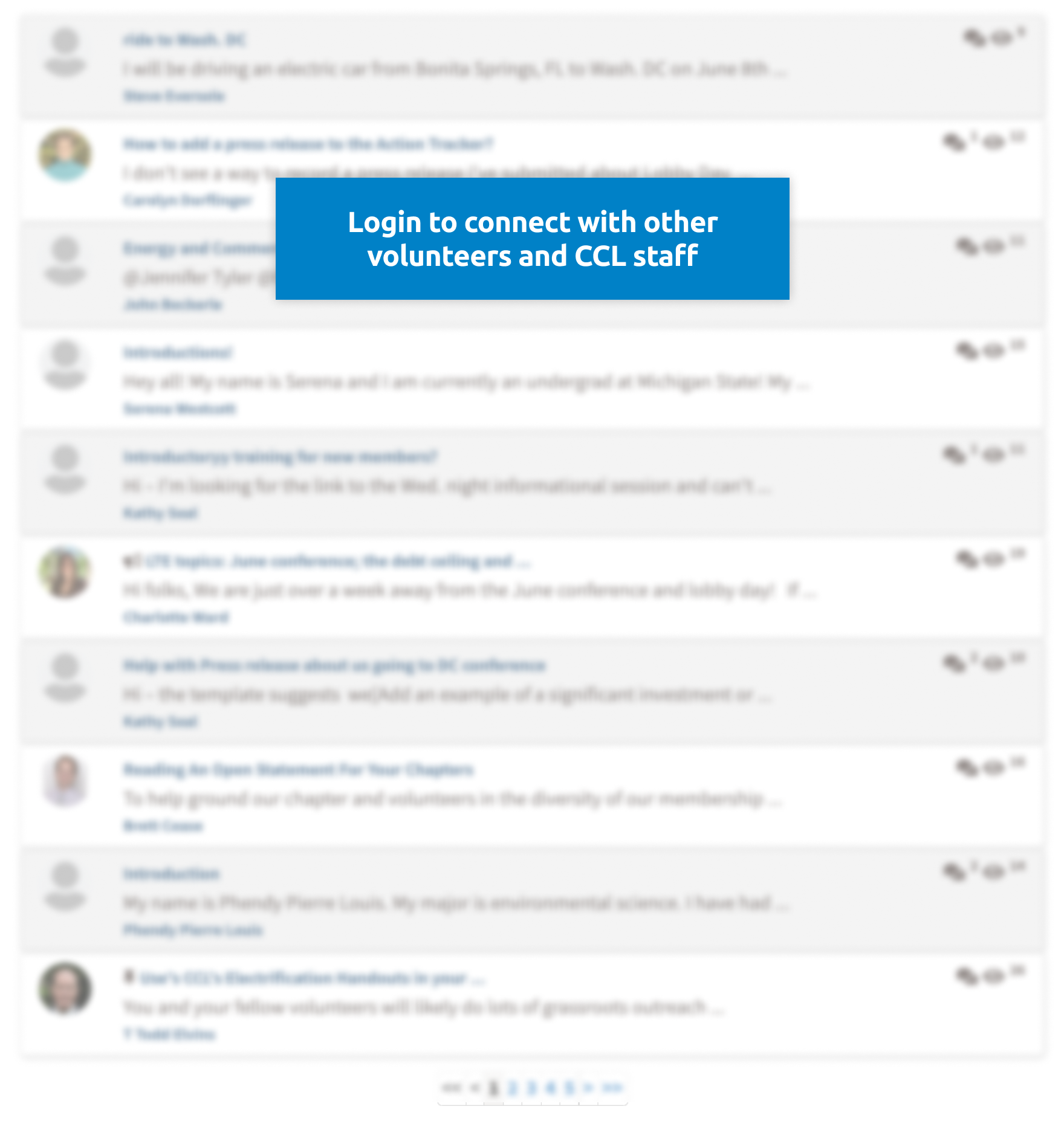 Blurred image of forums. Login to connect with other volunteers and CCL staff