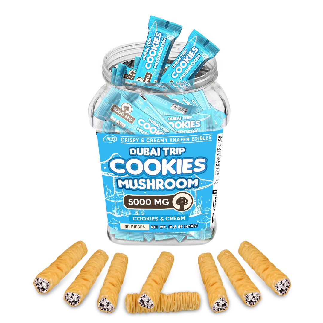 DUBAI TRIP MUSHROOM COOKIES MINIS Jar of 40 minis 5000mg each with hazelnut chocolate Crispy Blunts Cream Crispy Phyllo Dough 41