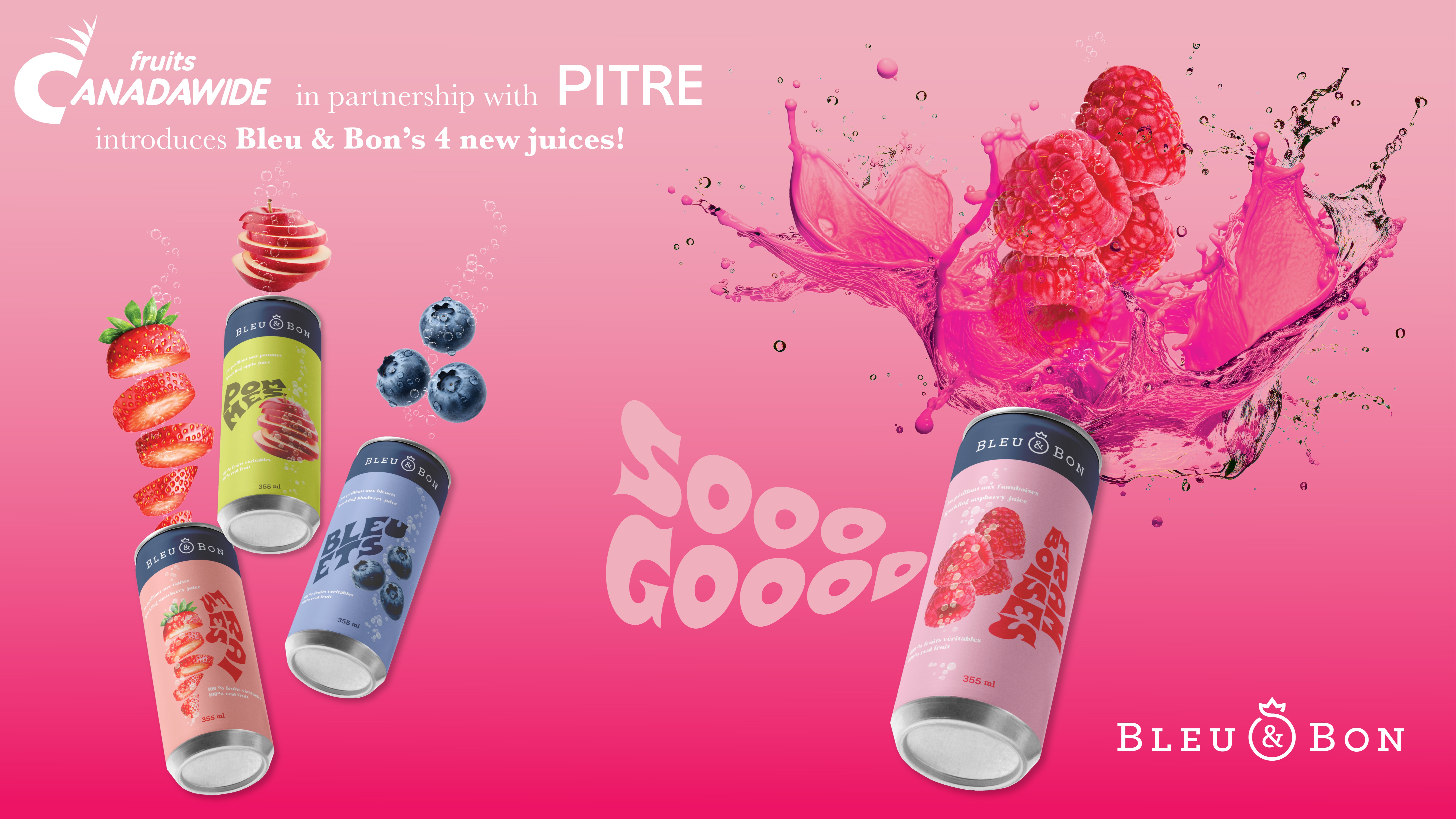 Canadawide Fruits, in partnership with Pitre introduces Bleu & Bon's 4 new juices! 138