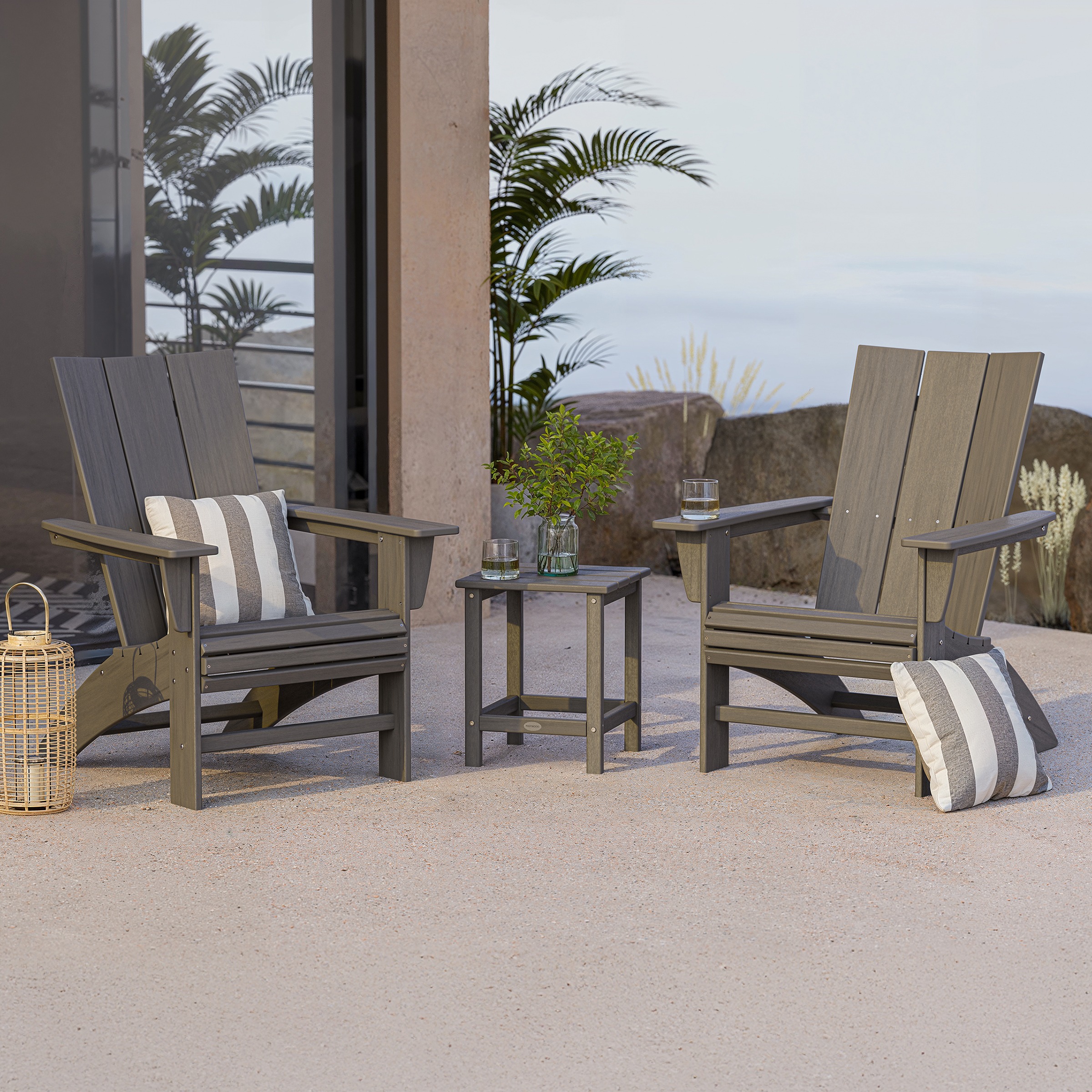POLYWOOD® Modern 3-Piece Curveback Adirondack Set with Long Island 18" Side Table in Driftwood 492