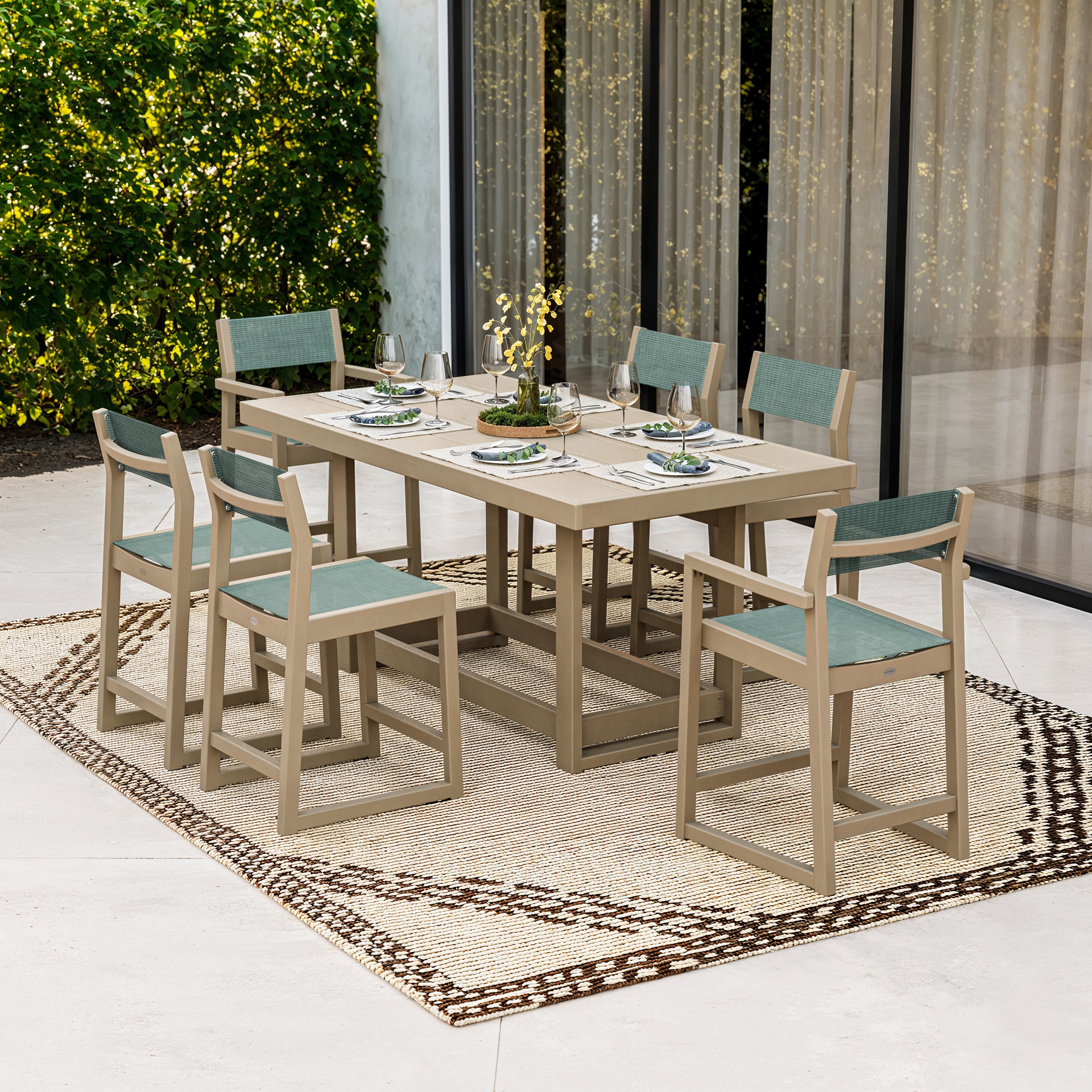 POLYWOOD® EDGE Sling 7-Piece Counter Table Set in Vintage Sahara / Dupioni Sea Mist Sling 499