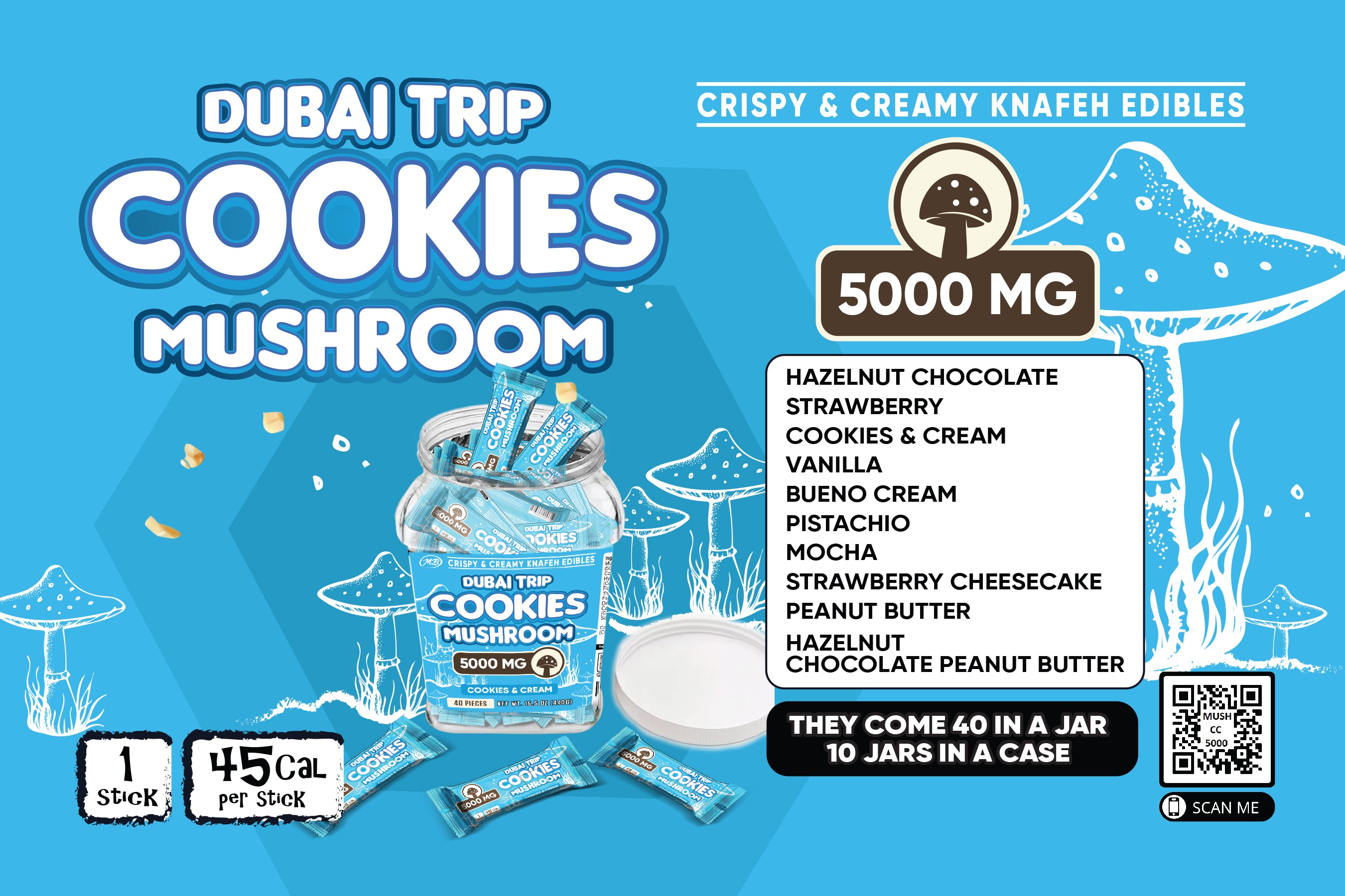 DUBAI TRIP MUSHROOM COOKIES MINIS Jar of 40 minis 5000mg each with hazelnut chocolate Crispy Blunts Cream Crispy Phyllo Dough 115