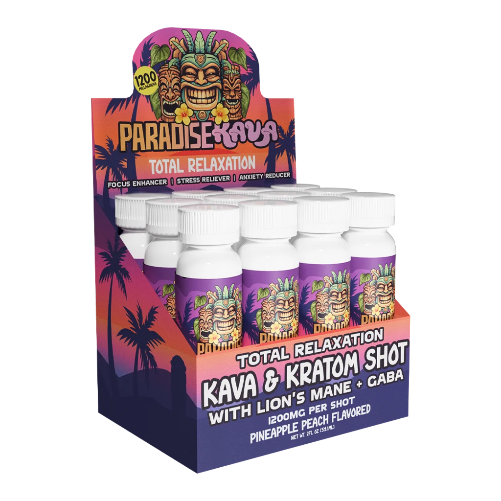 Paradise Kava 1200mg Kava+Kratom Shot - Pineapple Peach (12pk display) 134