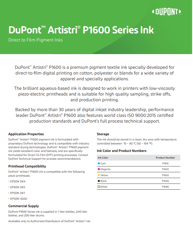 DuPont™ Artistri®  P1600 Series Ink - Datasheet 164