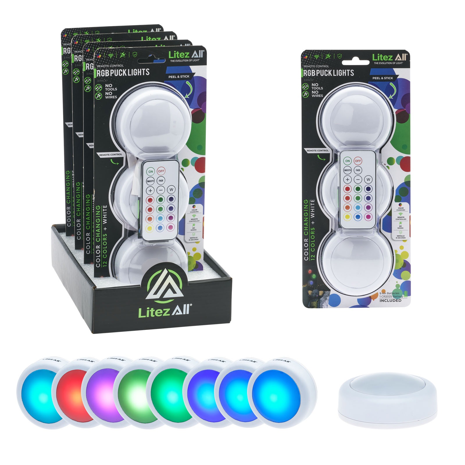 26963  - LitezAll RGB Large Puck Light 3pk w/ Remote 320