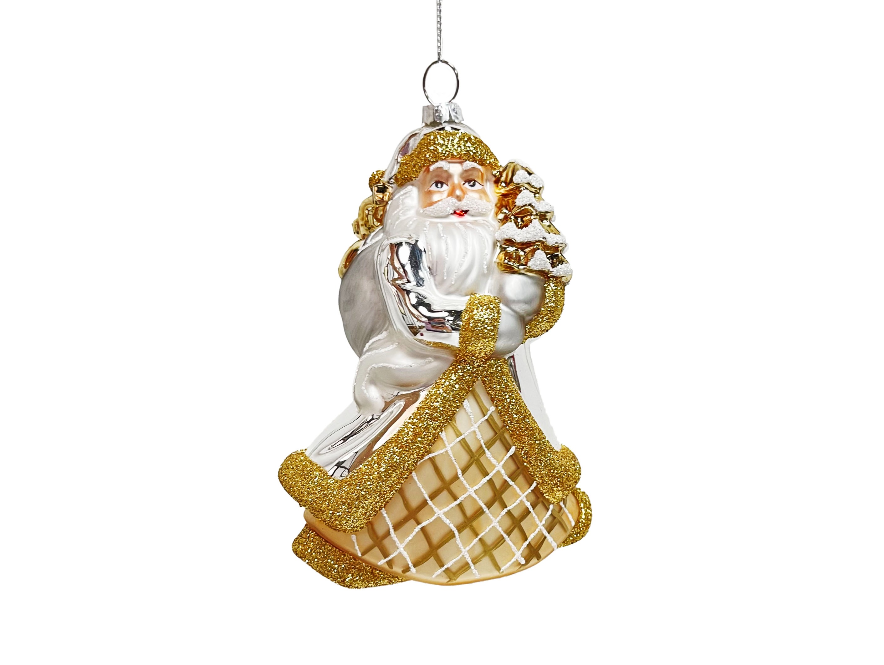 Blown Glass Santa Holding Christmas Tree with Teddy Bear Ornament 1753