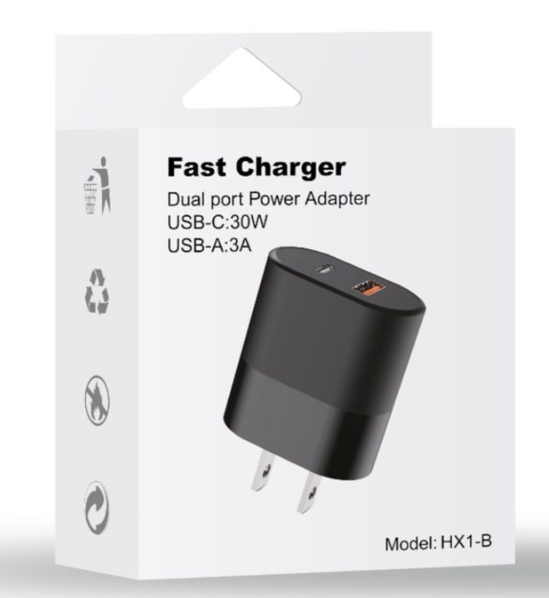 Fast Charger Dual Port Power Adapter USB-C 30W USB-A 3A (BLACK) 413