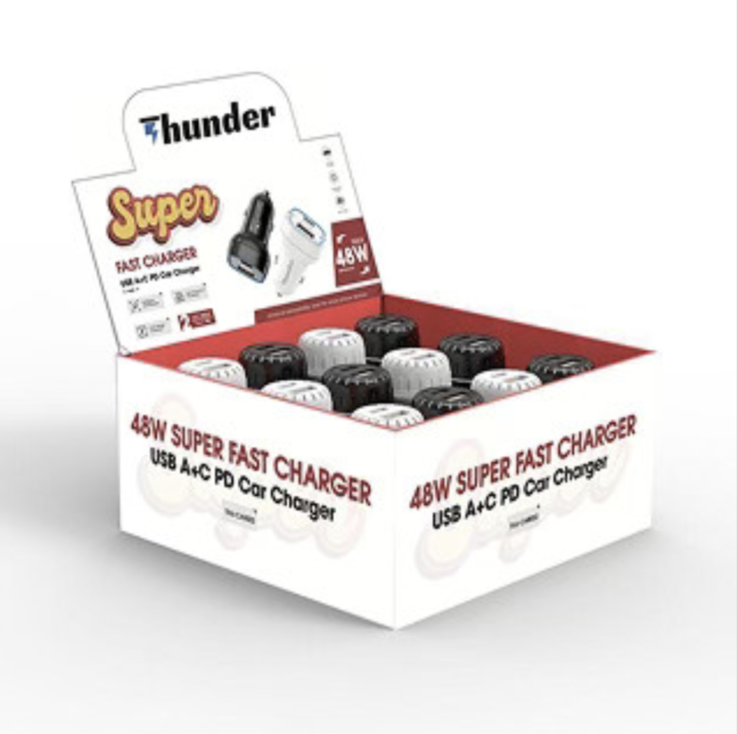 USB-C+USB-A CAR ADAPTER (48W Super Charger) 12PC WHITE & BLACK /DISPLAY BOX 435