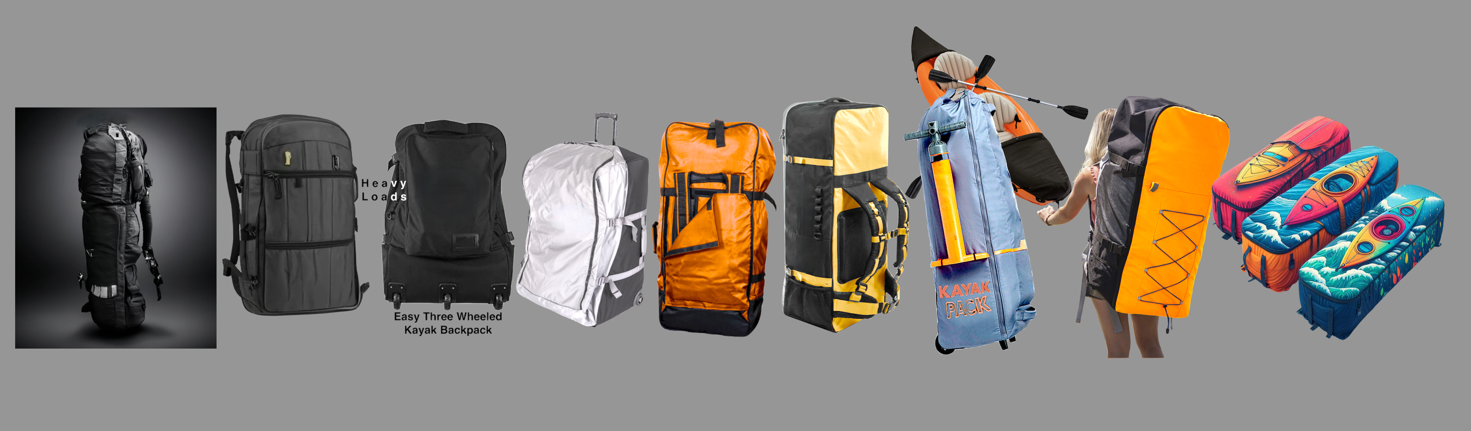 Surfboad & Kayak Backpacks. Rigid, soft packable, water-resistant or waterproof, with wheels or w/out, tri-wheeled 104