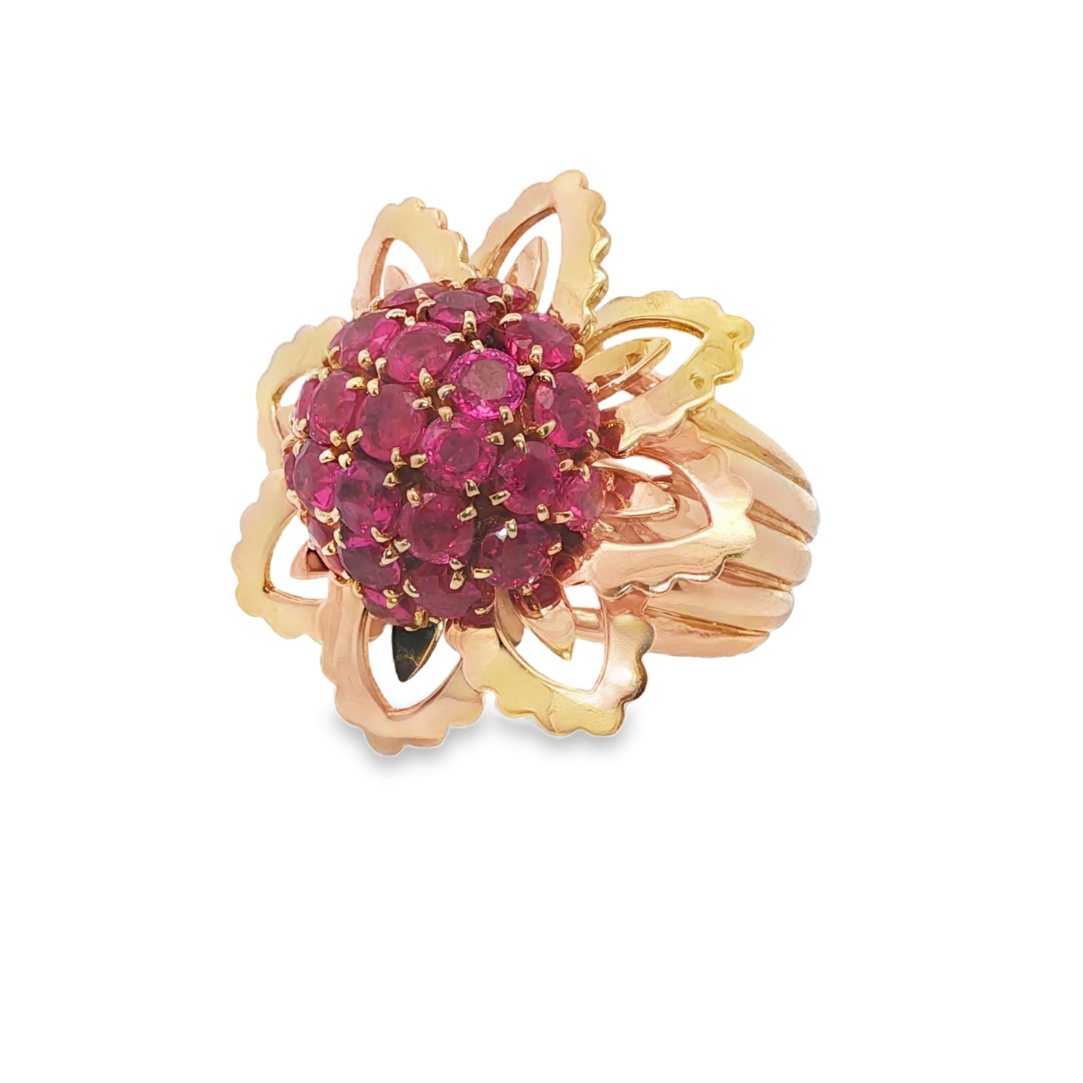 18K Yellow gold Mauboussin Burmese no Heat Ruby Flower Retro Ring 46