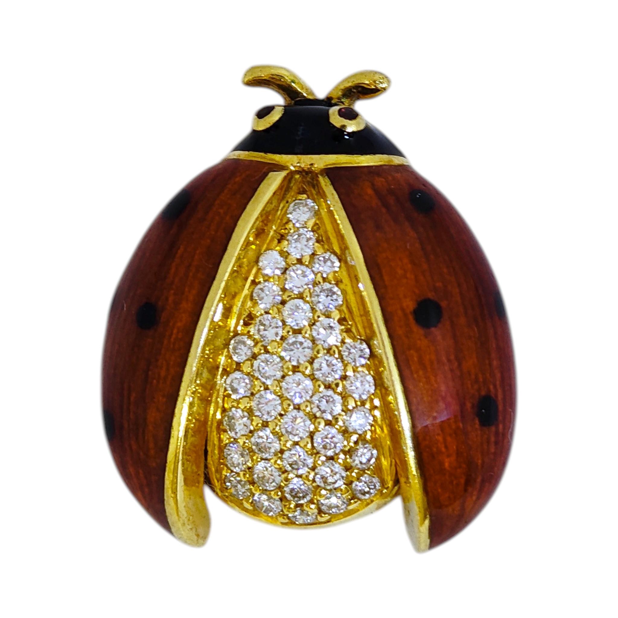 Vintage 18K Gold Enamel And Diamond Ladybug Brooch 77