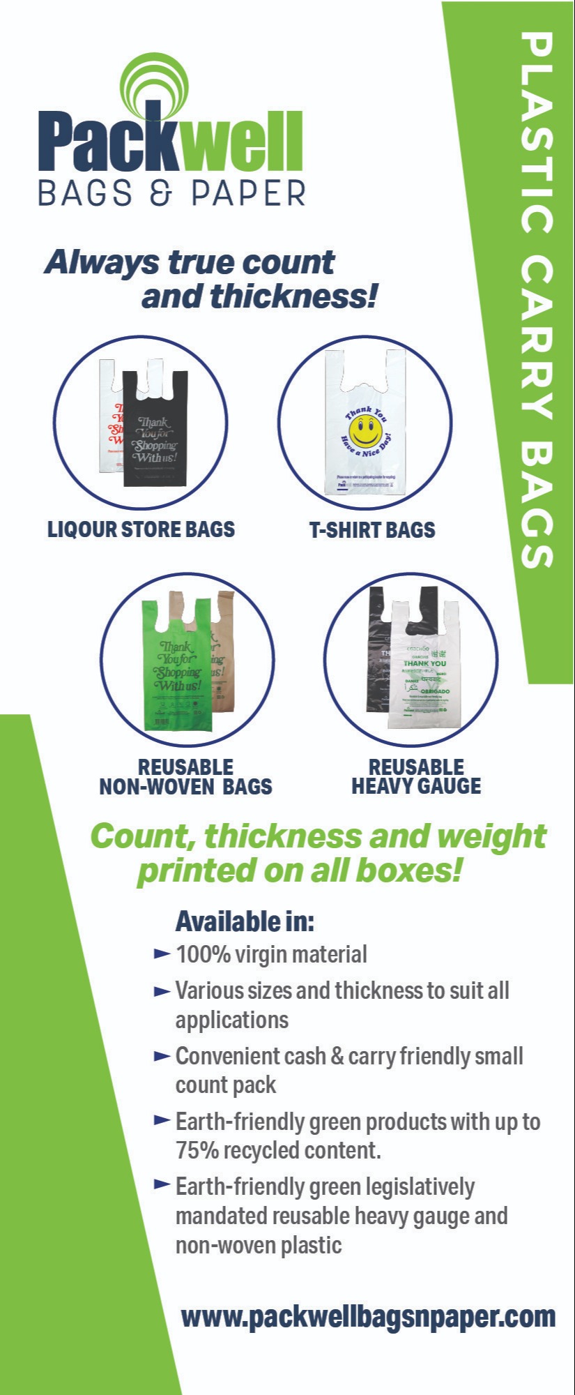 Plastic & paper single use reusable carry out bags, jumbo sized bags, kraft paper bags, non-woven bags. 1104