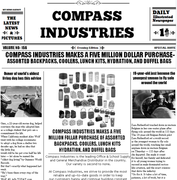 COMPASS MAKES FIVE MILLION DOLLAR PURCHASE OF ASSORTED BACKPACKS, COOLERS, LUNCH KITS, HYRDRATION, AND DUFFEL BAGS! 174