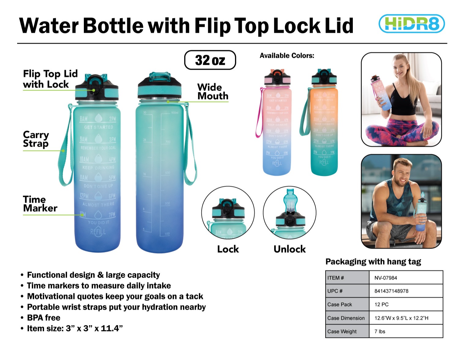 32 Oz Water Bottle W/Flip Top Lock Lid 922