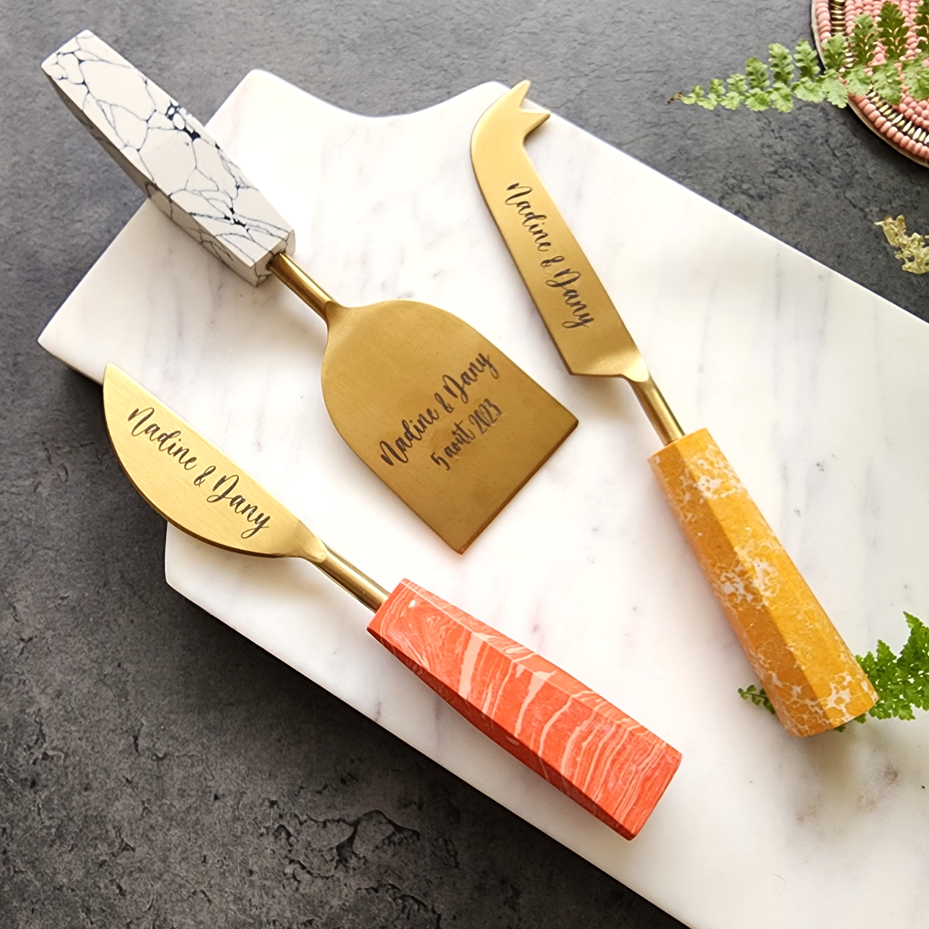 Marble Handle Cheese Knife Set - Gold Finish - Gift Boxed 983