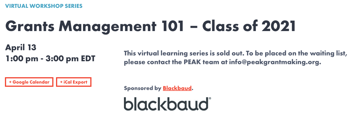 Enroll in PEAK Grantmaking's Grants Management  101 - sponsored by Blackbaud 7548