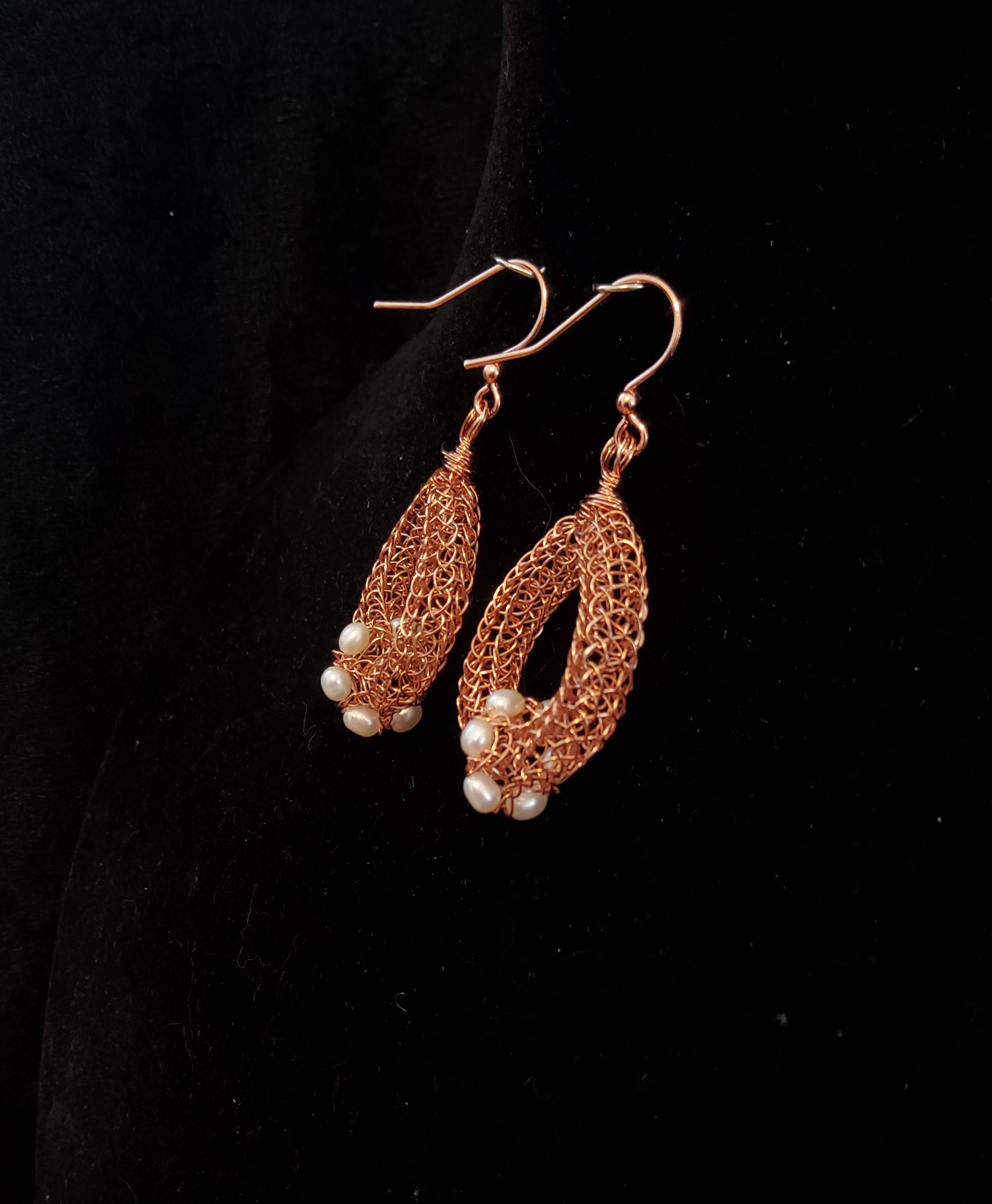 Copper Viking Knit earrings with Seed Pearls 197