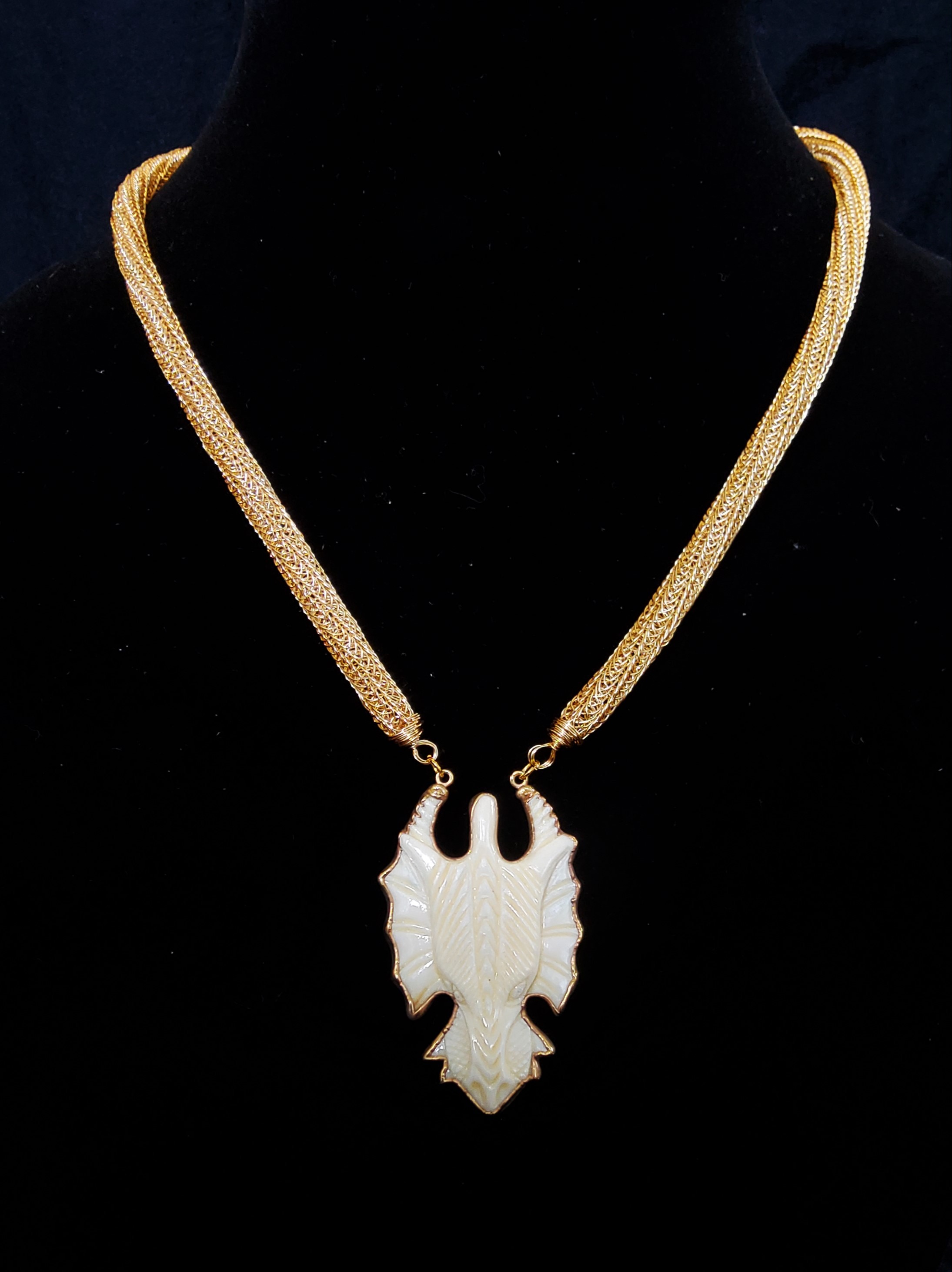 Gold Viking Knit Necklace with Carved Bone Dragon 198