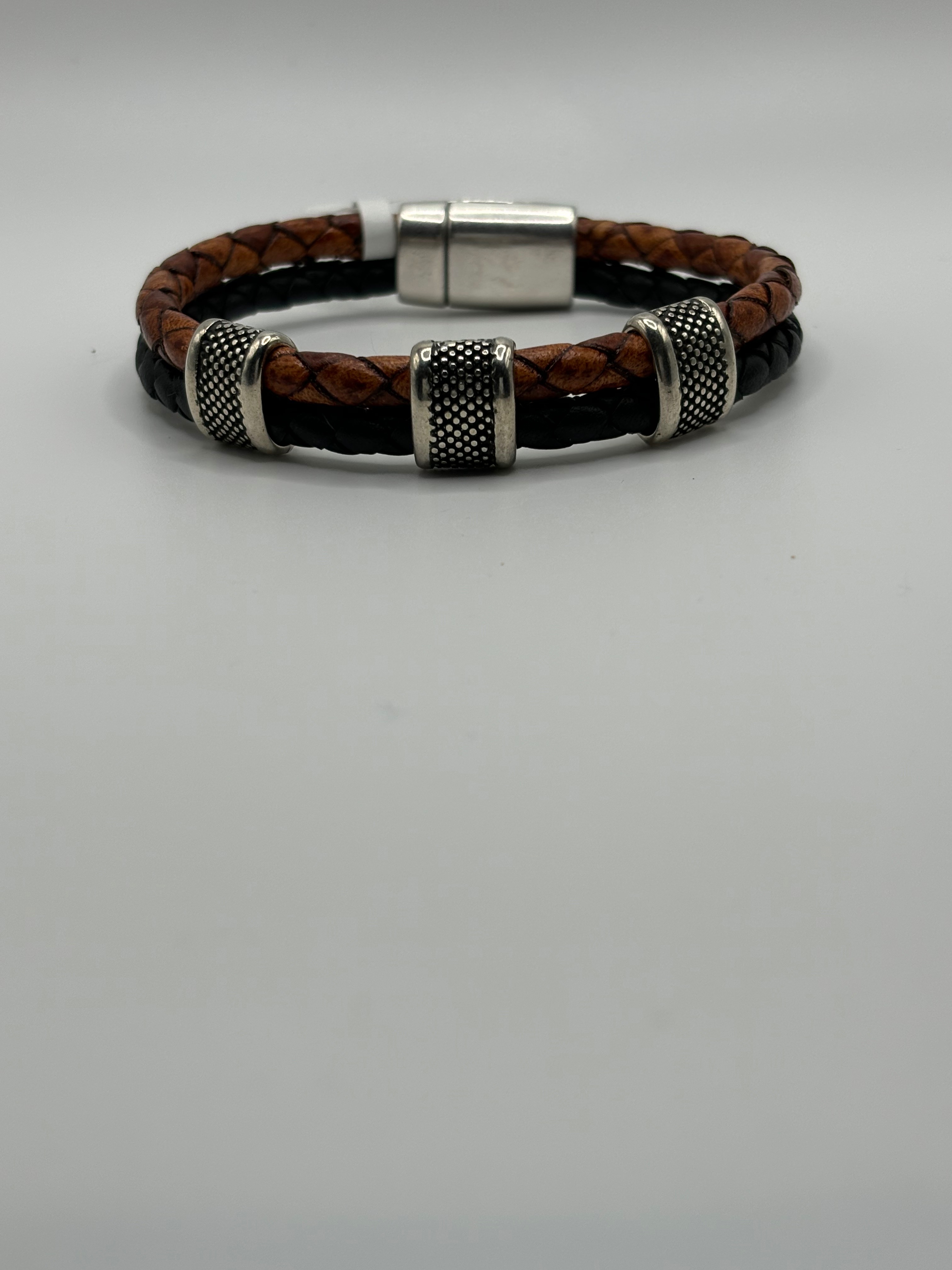 Mens Braided Leather Double Strand Bracelet 135