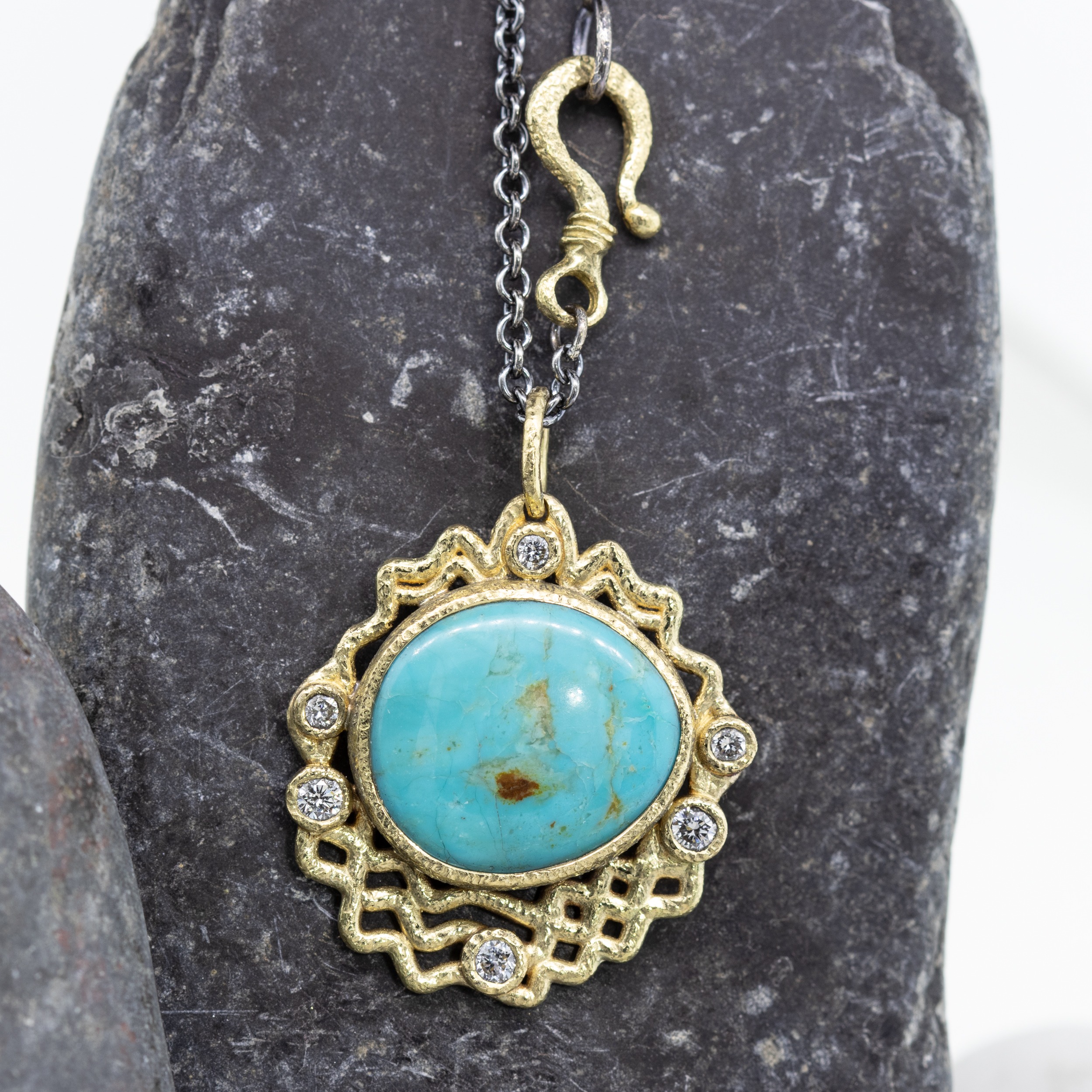 Wave Pendant with Free-form Turquoise and Diamonds 56