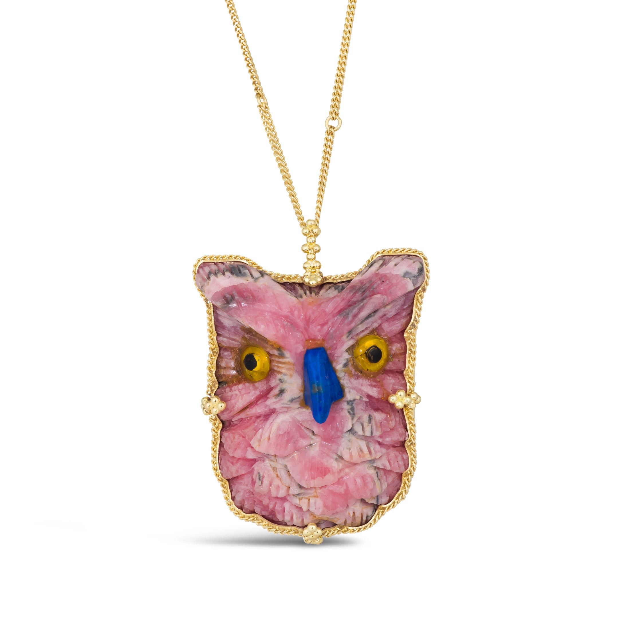 Carved Rhodochrosite Owl Necklace 148