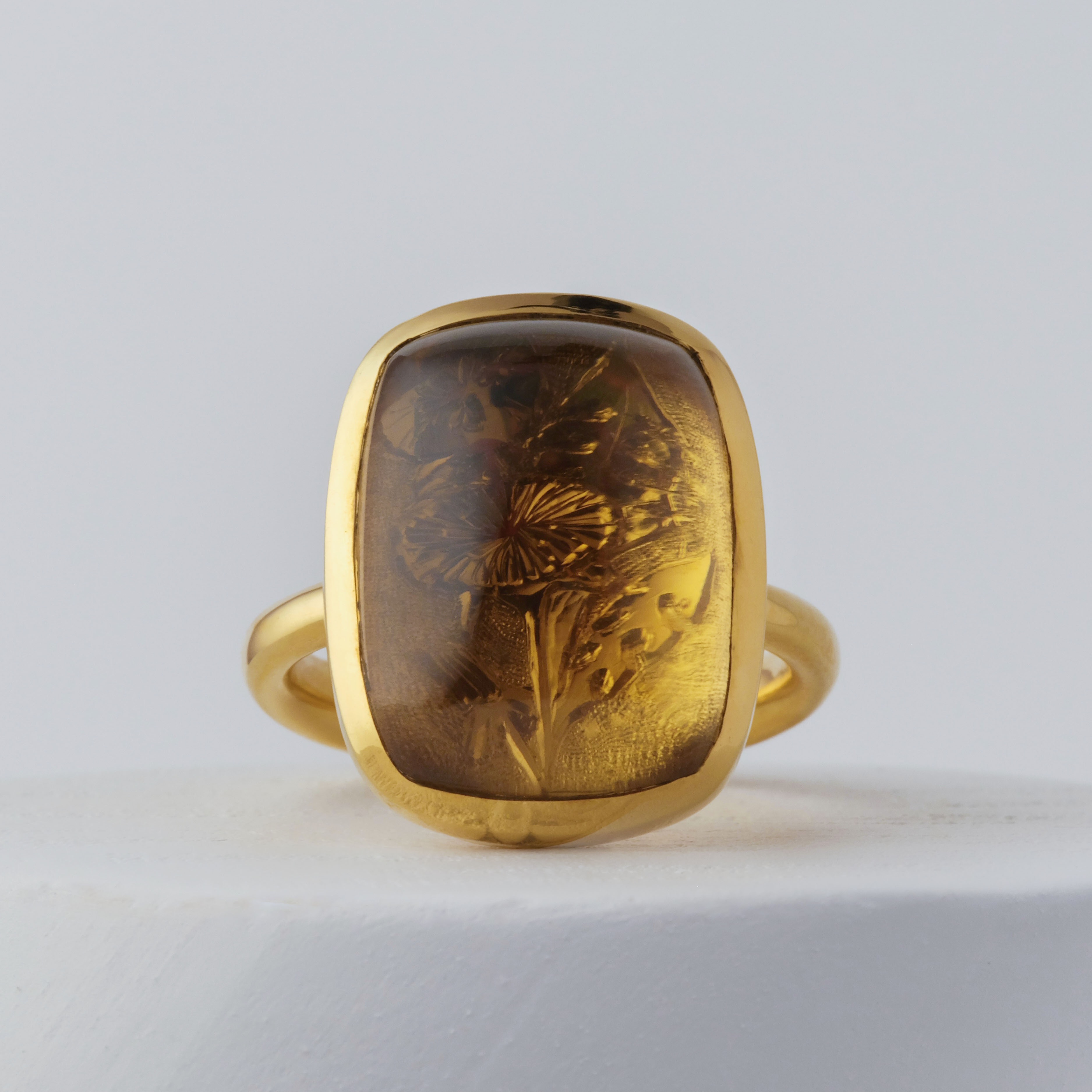 Phoebe Ring - Cabochon citrine with hand engraved dandelions underneath 457
