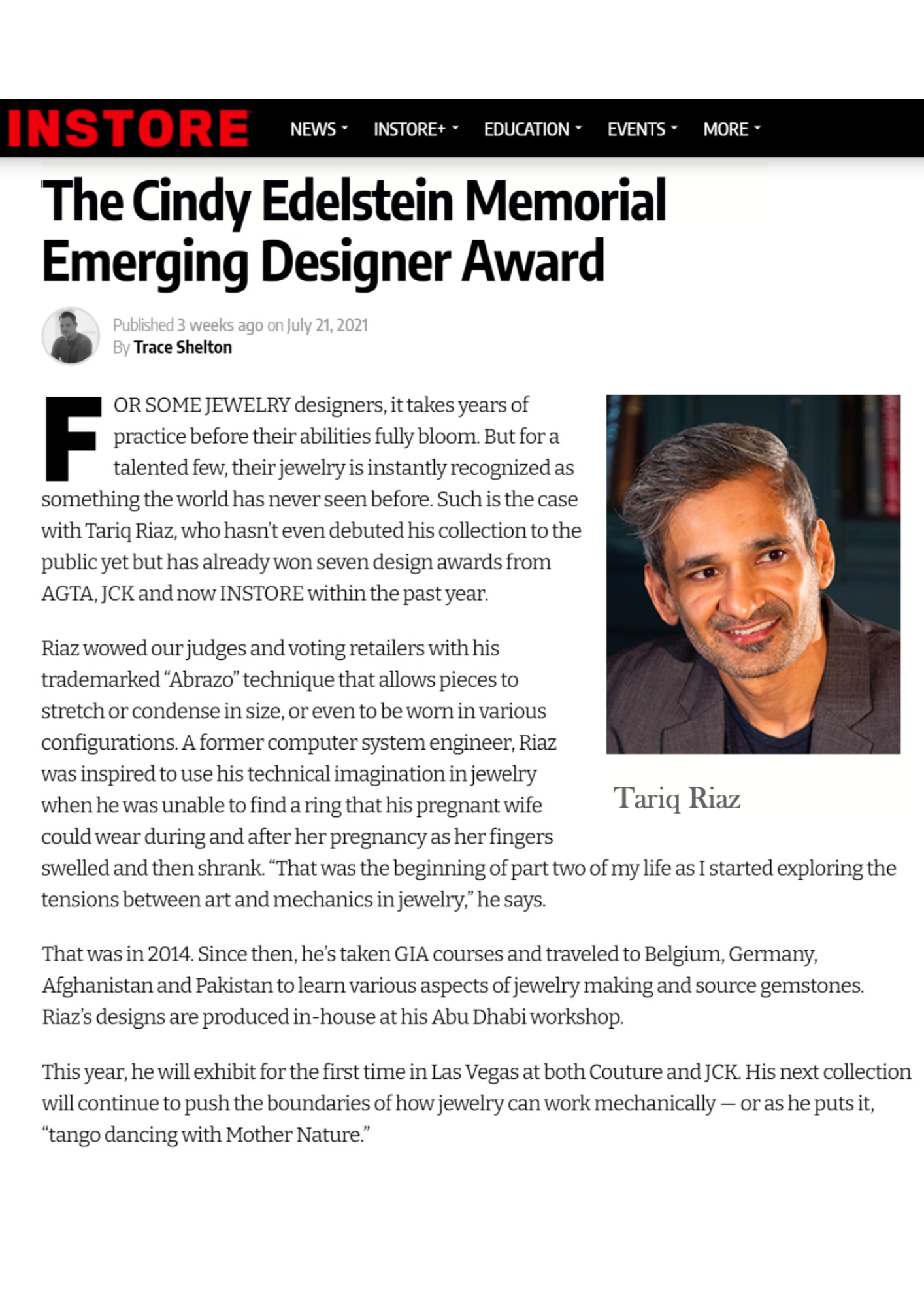 Instore Magazine names Tariq Riaz the Cindy Edelstein Memorial Emerging Designer of the Year 68