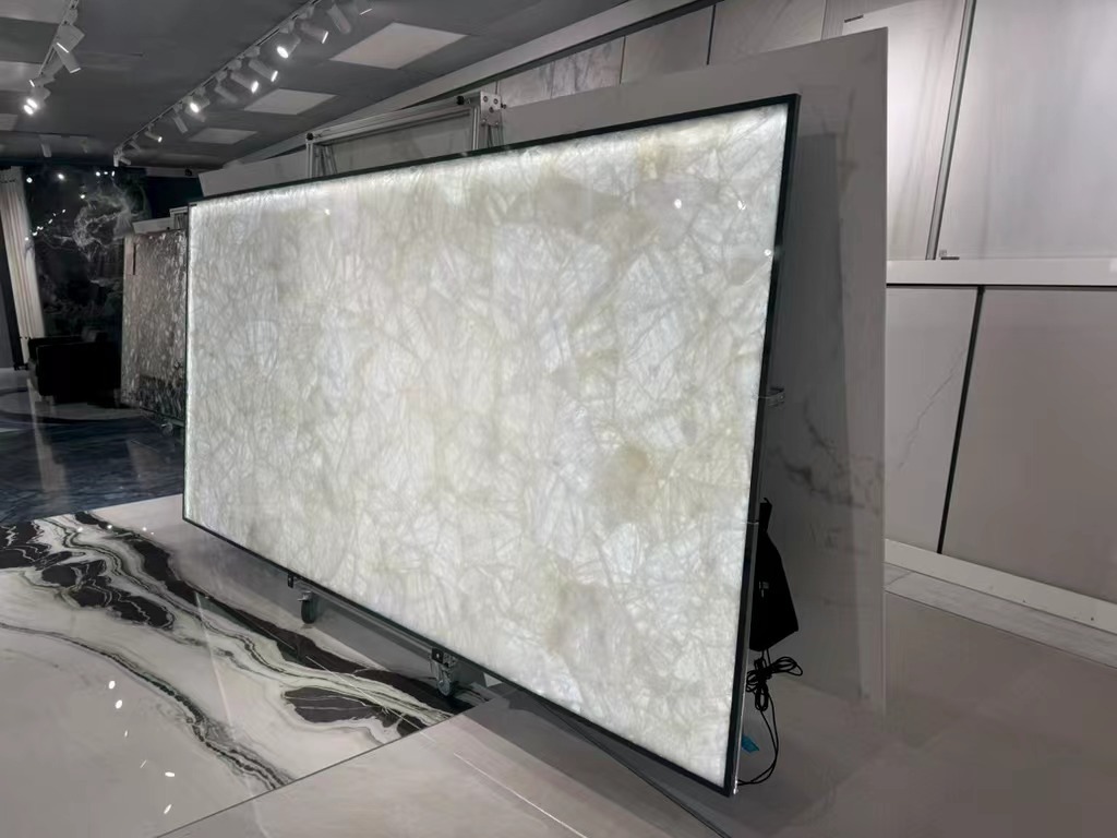 Stunning Backlit White Onyx Slab: Showcasing 123