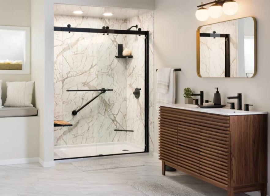 AquaWalls Calcutta White & Denali Shower Door 130