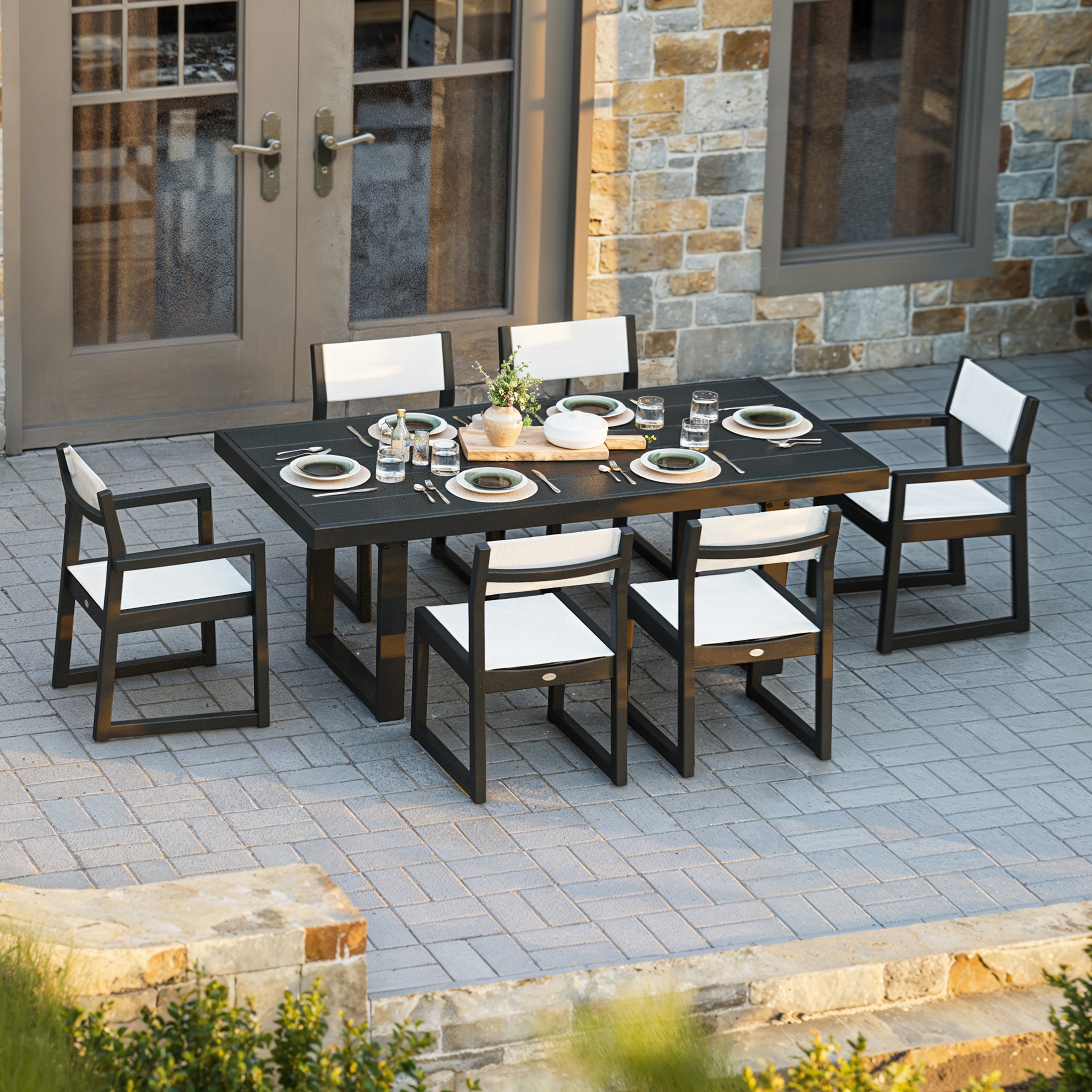 POLYWOOD® EDGE Sling 7-Piece Dining Set in Black / White Sling 498