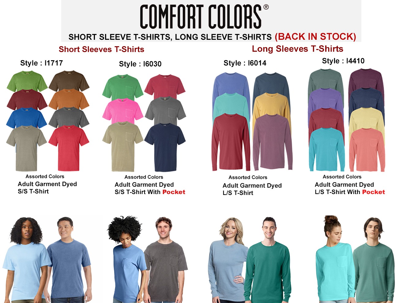 Stock Up on Comfort Colors Shortsleeves & Longsleeves T-Shirts with and without Pockets 507