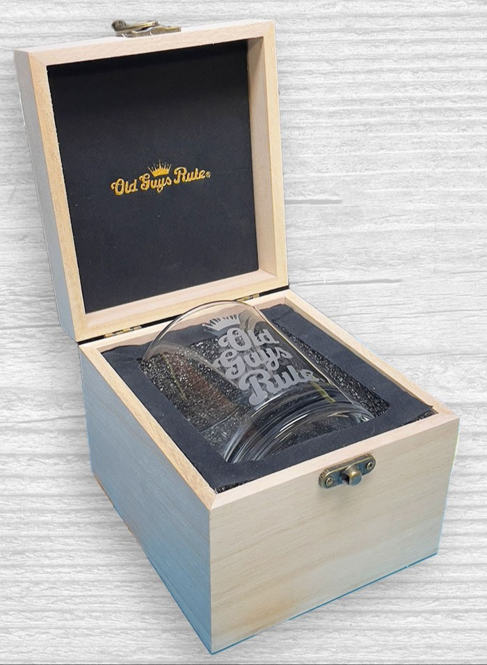 Old Guys Rule Whiskey Glass in a Wooden Box 546