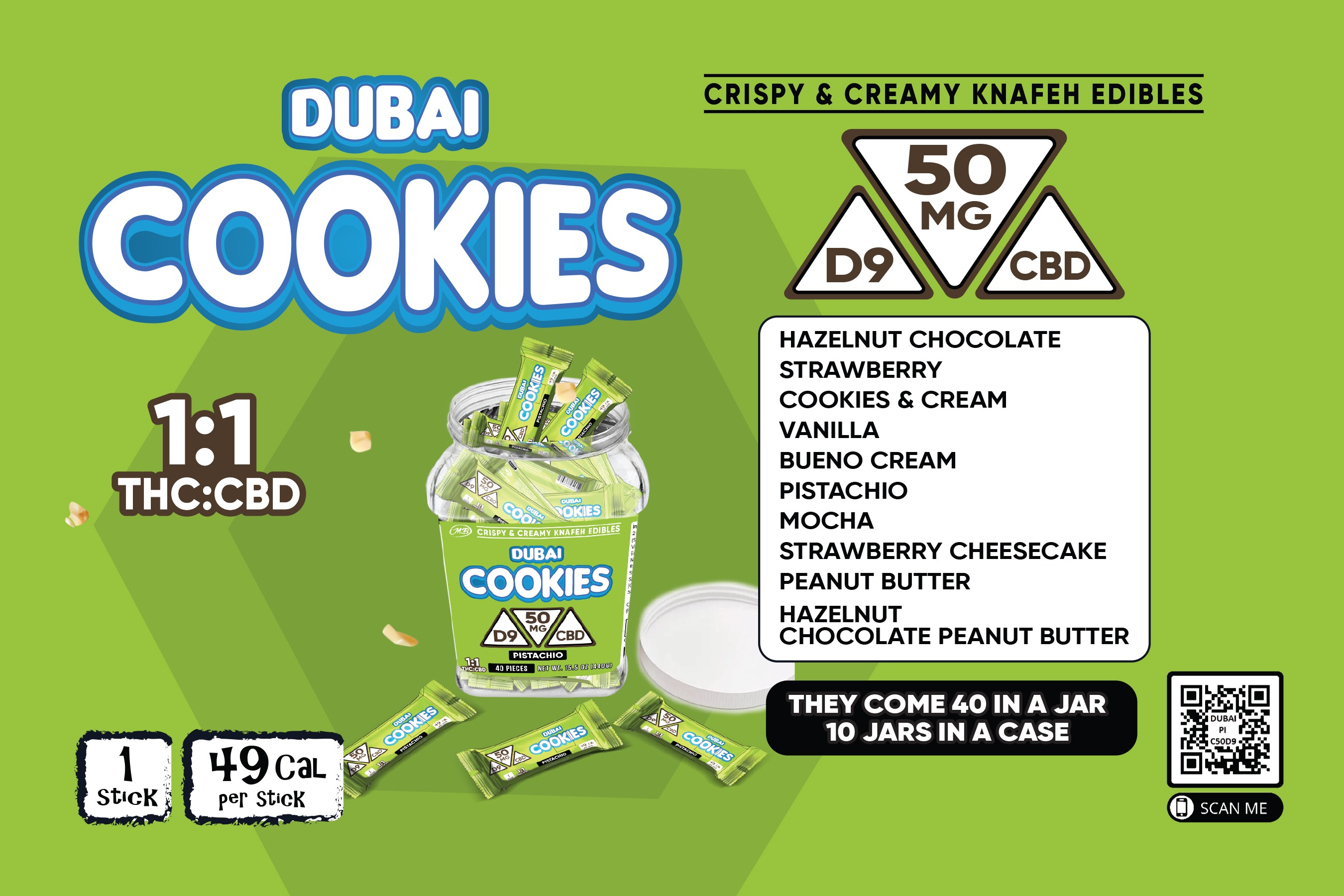 DUBAI COOKIES 50MG D9 MINIS Jar of 40 minis 5000mg each with hazelnut chocolate Crispy Blunts Cream Crispy Phyllo Dough 104