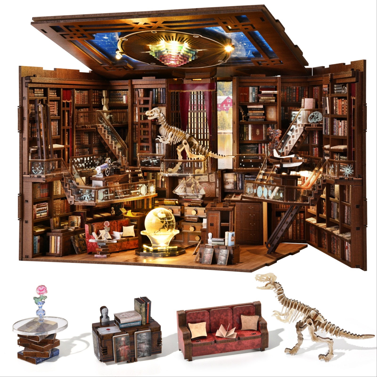 [Beyond Library Max] Book Nook Kit, DIY Miniature Dollhouse Booknook Kit, 3D Wooden Puzzle Bookend Bookshelf Insert Decor with LED Light 1317