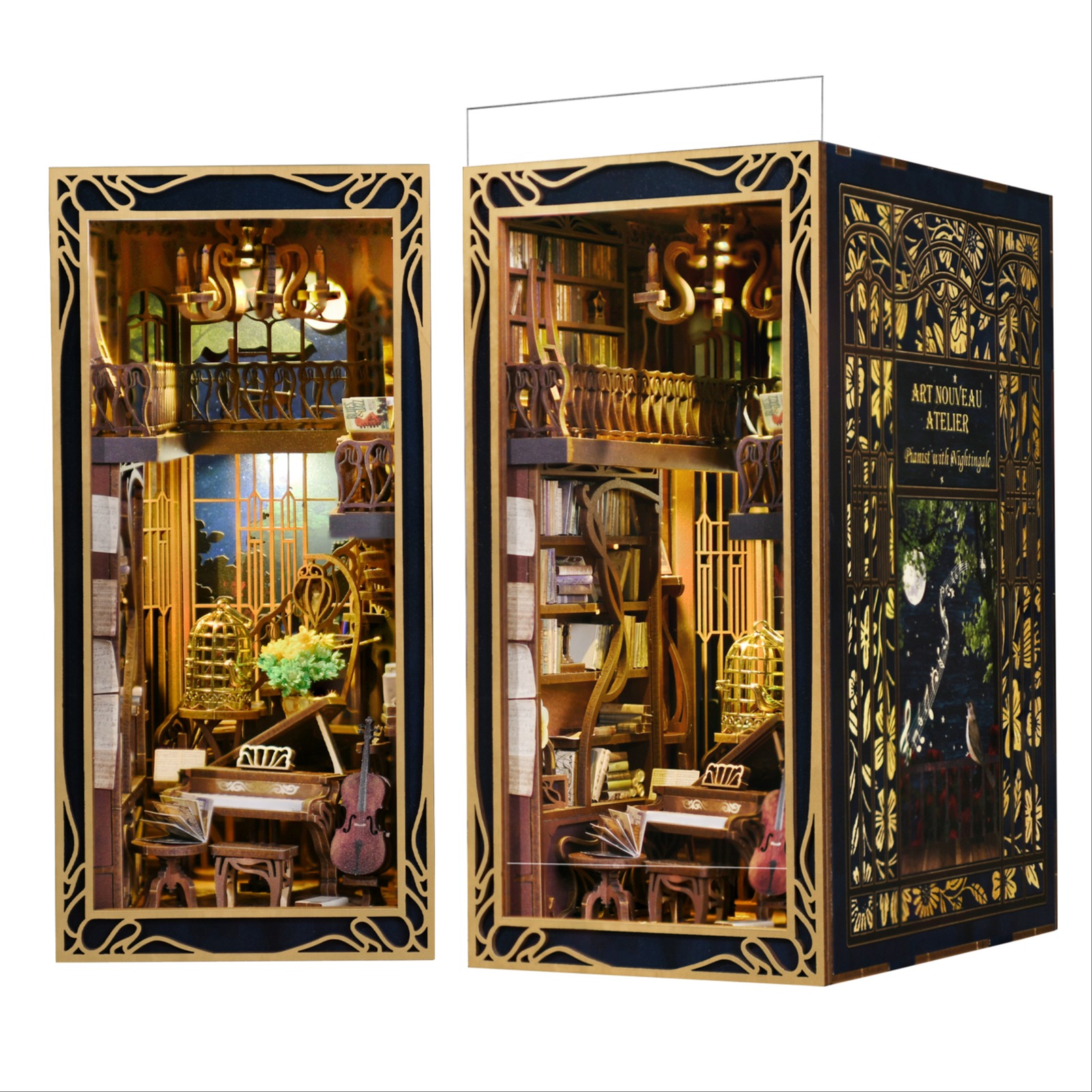 【Pianist with Nightingale】Book Nook Kit, DIY Miniature Dollhouse Booknook Kit, 3D Wooden Puzzle Bookend Bookshelf Insert Decor with LED Light 1380