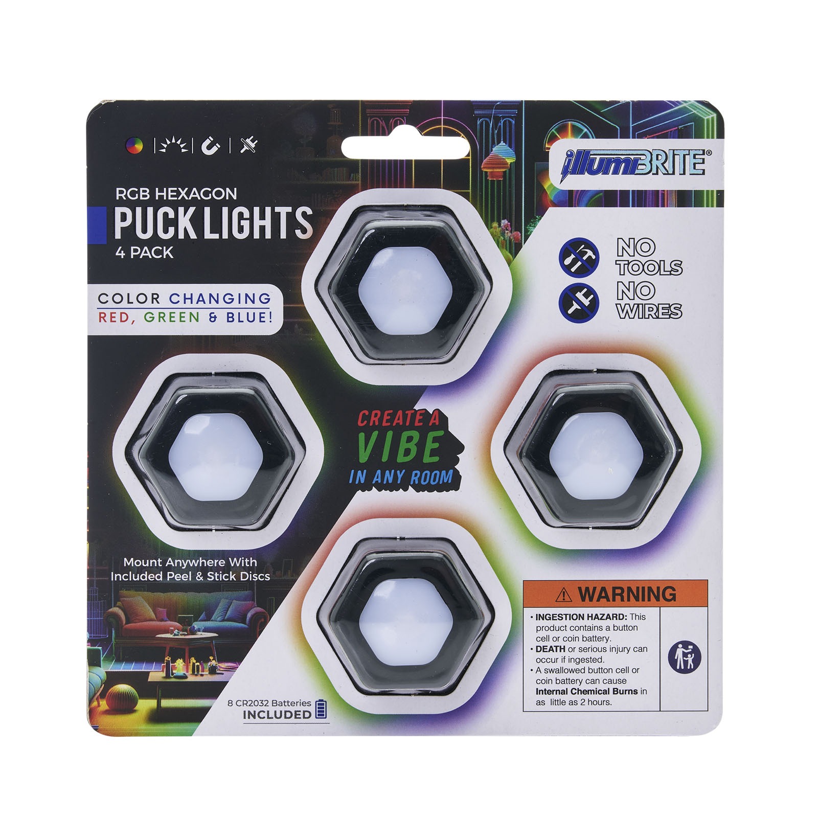 28547  - Illumibrite Color Changing Hexagon Puck Light 4 Pack 156