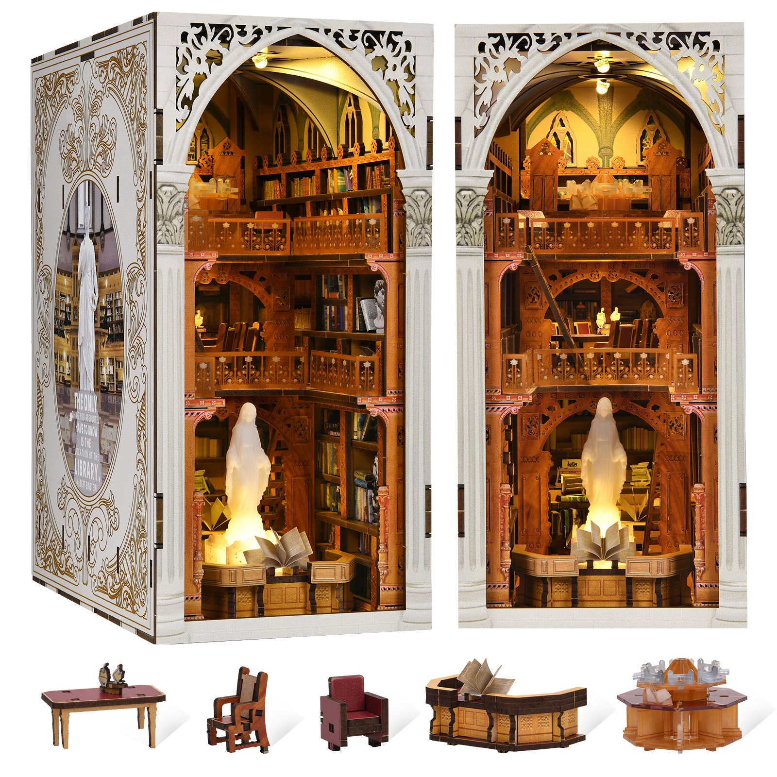 【Public Library】Book Nook Kit, DIY Miniature Dollhouse Booknook Kit, 3D Wooden Puzzle Bookend Bookshelf Insert Decor with LED Light 1756
