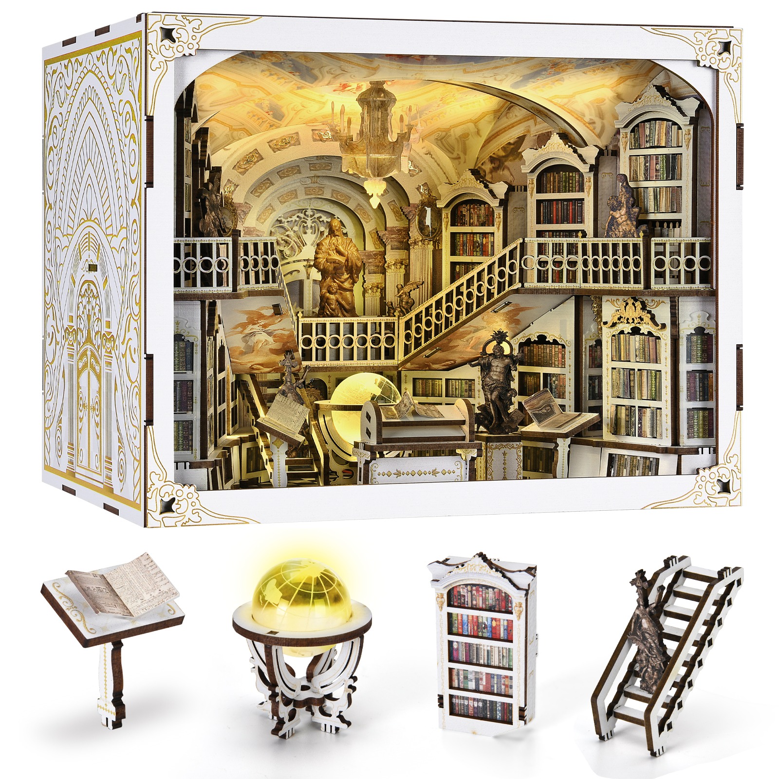【Library of Gods Max】Book Nook Kit, DIY Miniature Dollhouse Booknook Kit, 3D Wooden Puzzle Bookend Bookshelf Insert Decor with LED Light 1757