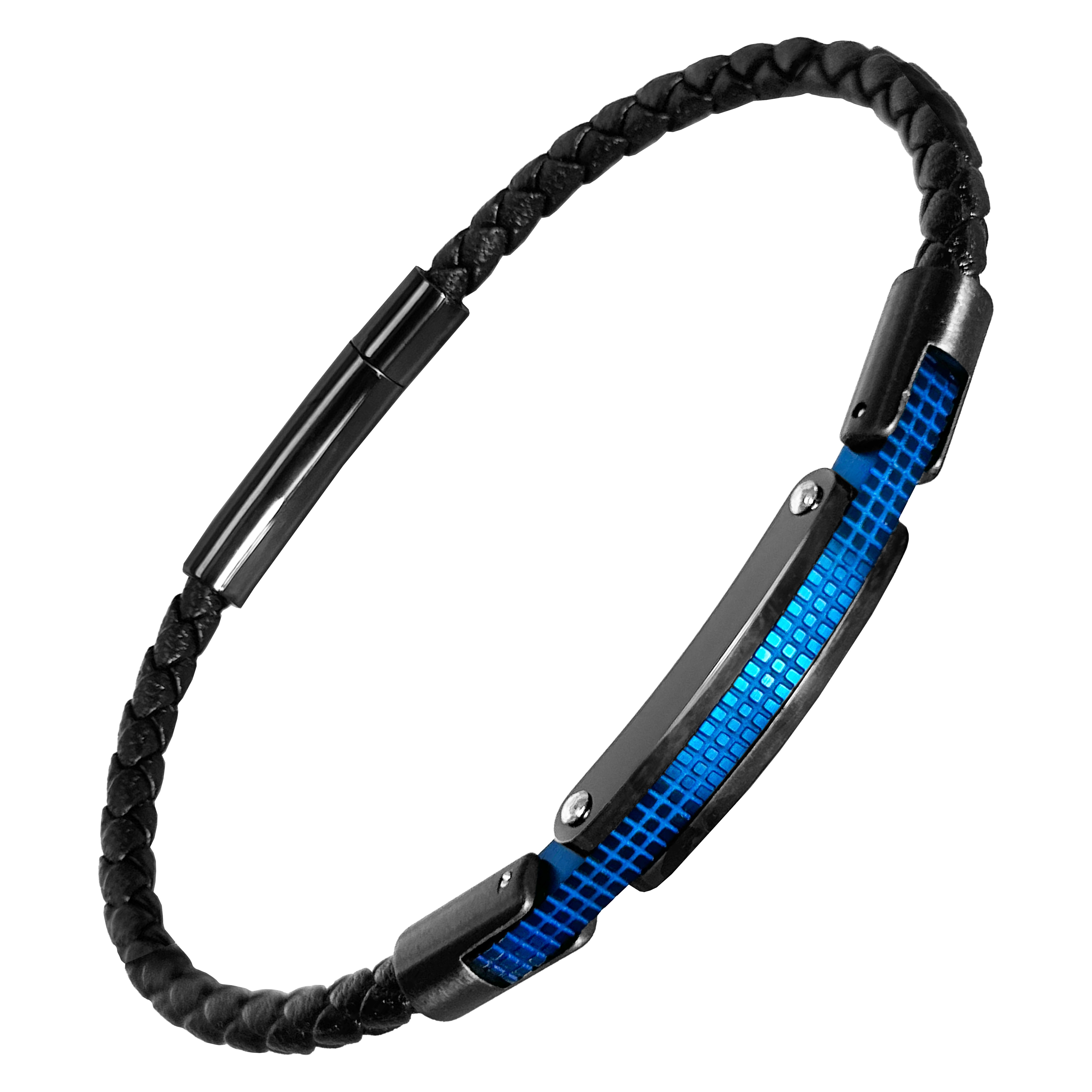 Black Leather Bracelet w/ Stainless Stl Blue Carbon Fiber 722