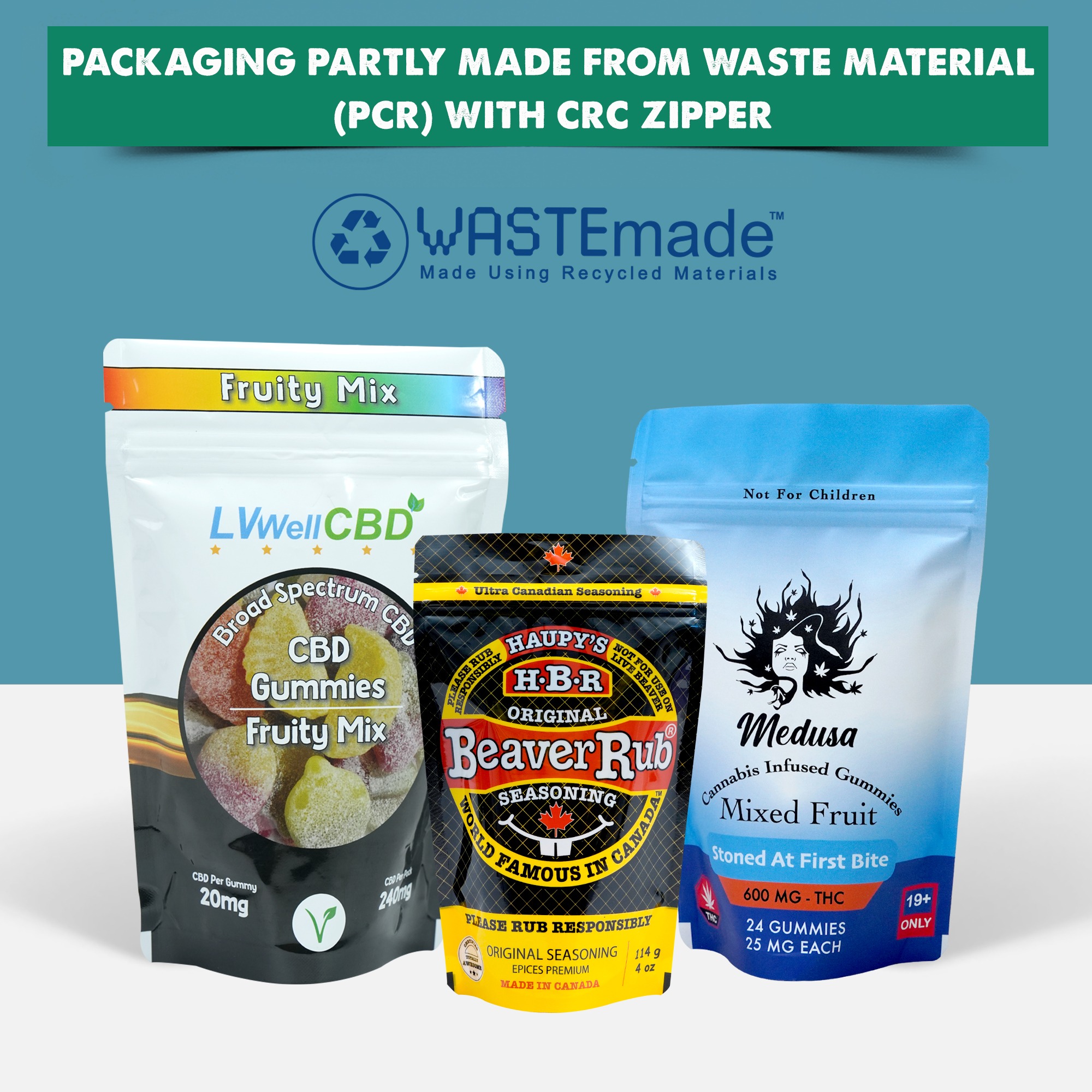 Packaging Partly Made from Waste Material (PCR) with CRC Zipper 128