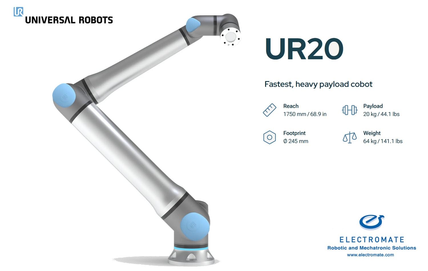 Universal Robots' UR20 handles more tasks with 1750 mm reach and 20 kg payload capacity 26