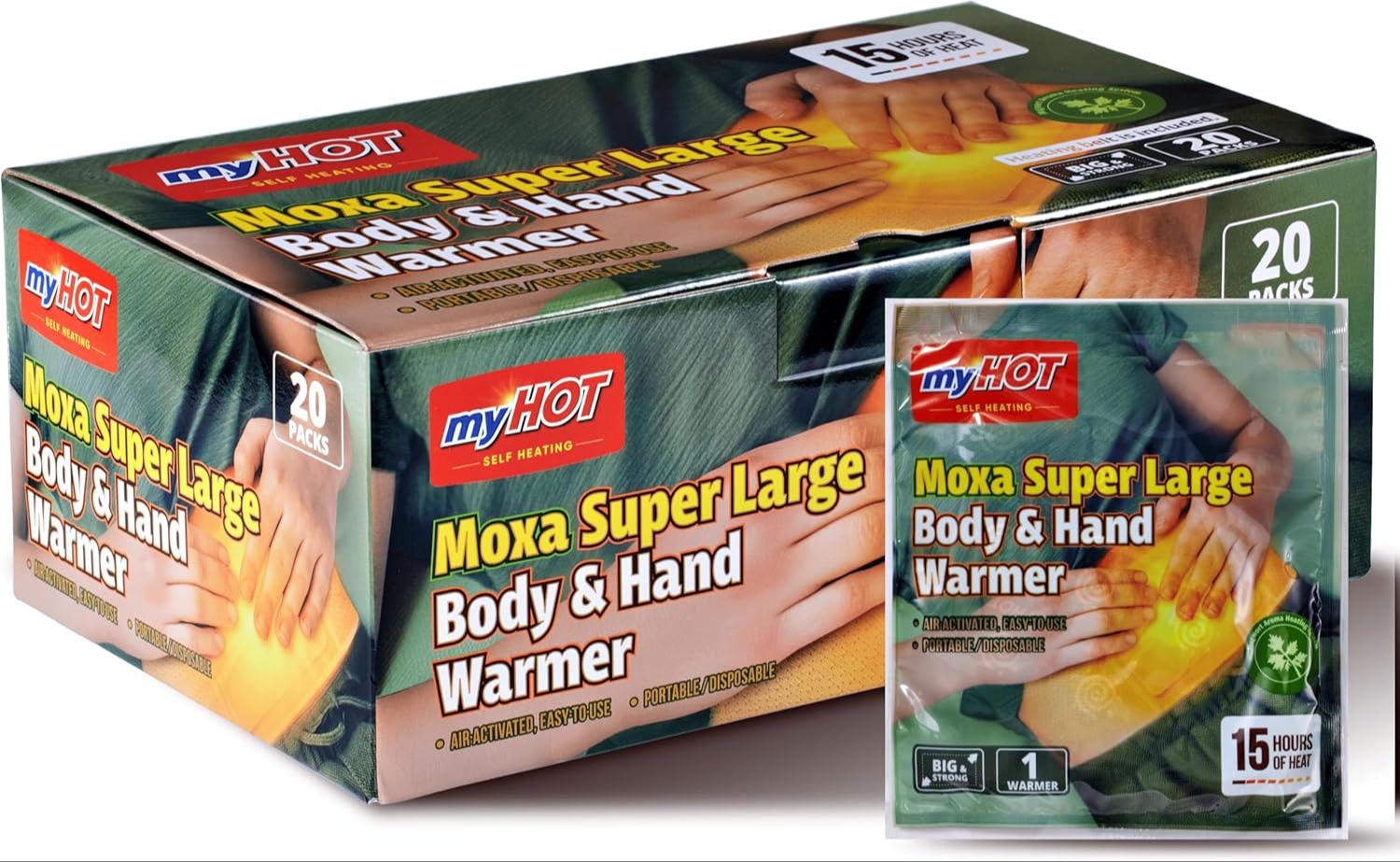 Moxa Body & Hand Warmer Super Large Size 20 Pack - Up to 16 Hours, Long Lasting, Non-Adhesive, Mugwort Pocket Heater for Relaxation, Included Waist an 22