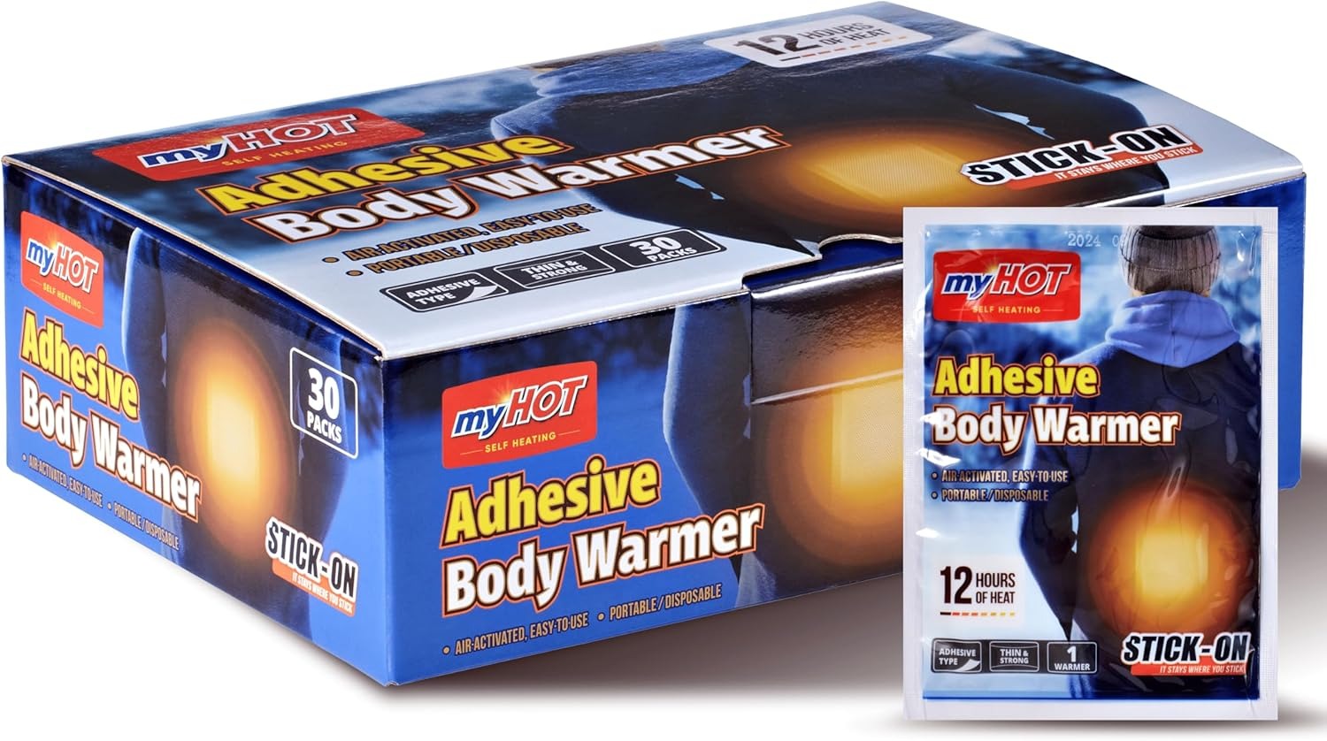 Adhesive Body Warmer Large Size 30 Pack - Up to 12 Hours, Long Lasting Heat, Adhesive, Disposable Air-Activated Heater Patch for Outdoor Sports, Campi 23