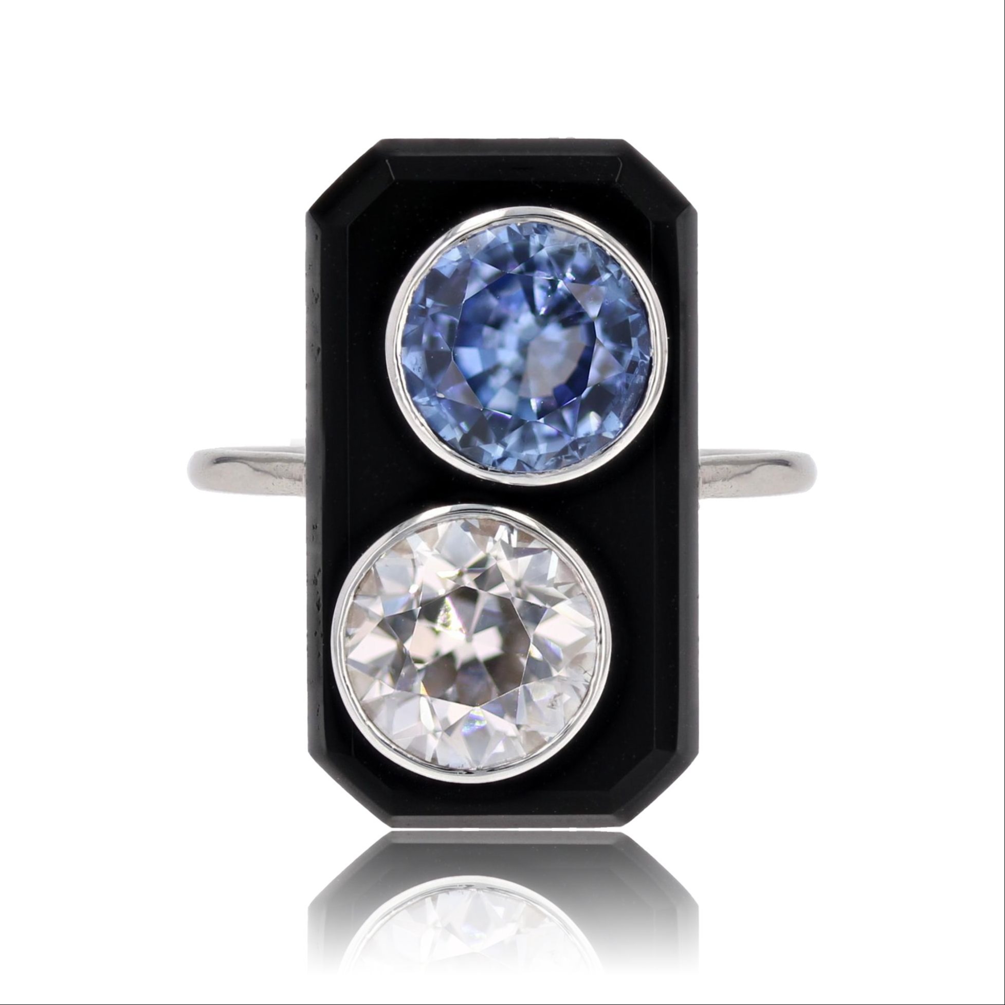 French 1925s Art Deco Sapphire Diamond Onyx Platinum Ring 92